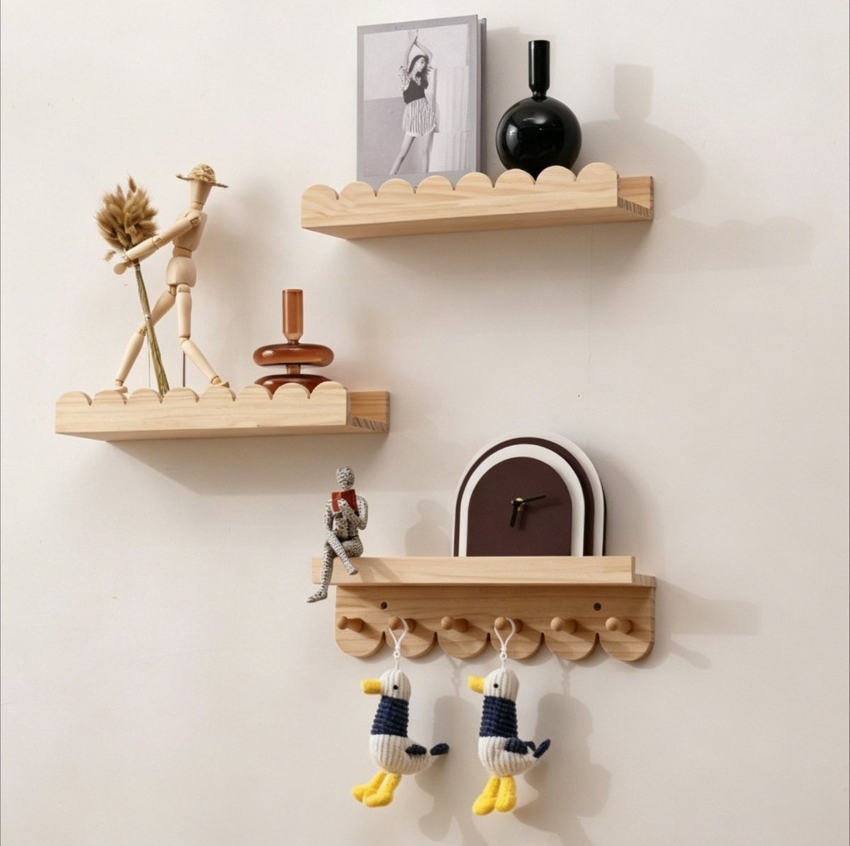 Set van 3 Natuurlijke Houtkleur Houten Wandplanken, Zwevend Design, Decoratieve Opbergruimte voor Kinderkamer, Babykamer en Badkamer - Ideaal voor Boeken, Planten en Speelgoed