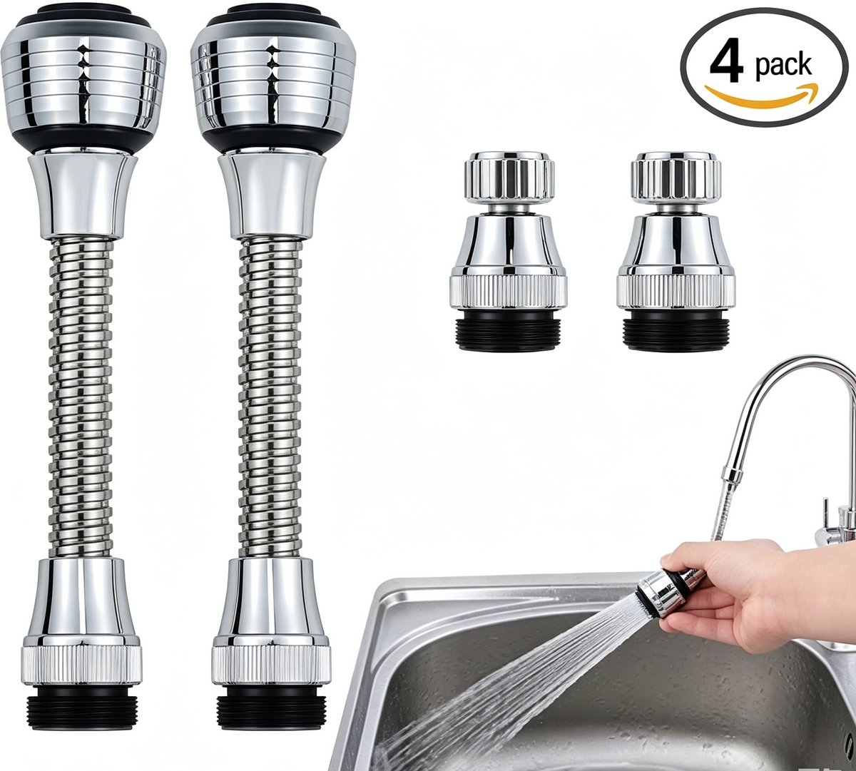 4 stuks- 360 graden draaibare kraan schuimer-waterbesparende bubbels drukkraan-filter keuken accessoires-kraan verlenging buizen-geschikt voor keuken spoelbak-zilver