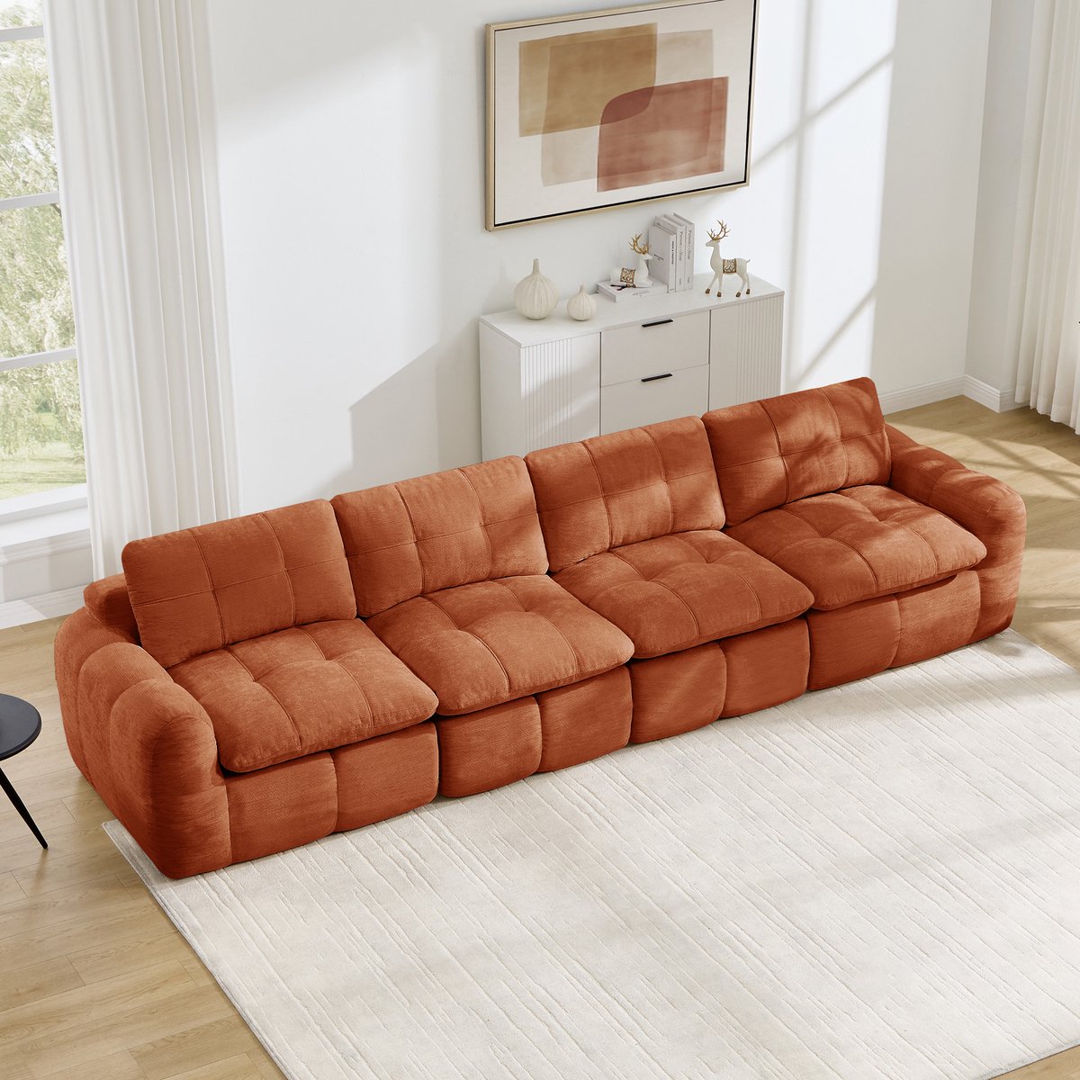 4-Zits Bank, 4-Zits Frameloze Modulaire Bank, Met Een Heerlijk Zachte, Huidvriendelijke Chenille Bekleding, 32D Schuim Met Hoge Dichtheid, Brede En Diepe Zitplaatsen, Montagevrij, Ideaal Voor Woonkamers En Appartementen,Oranje