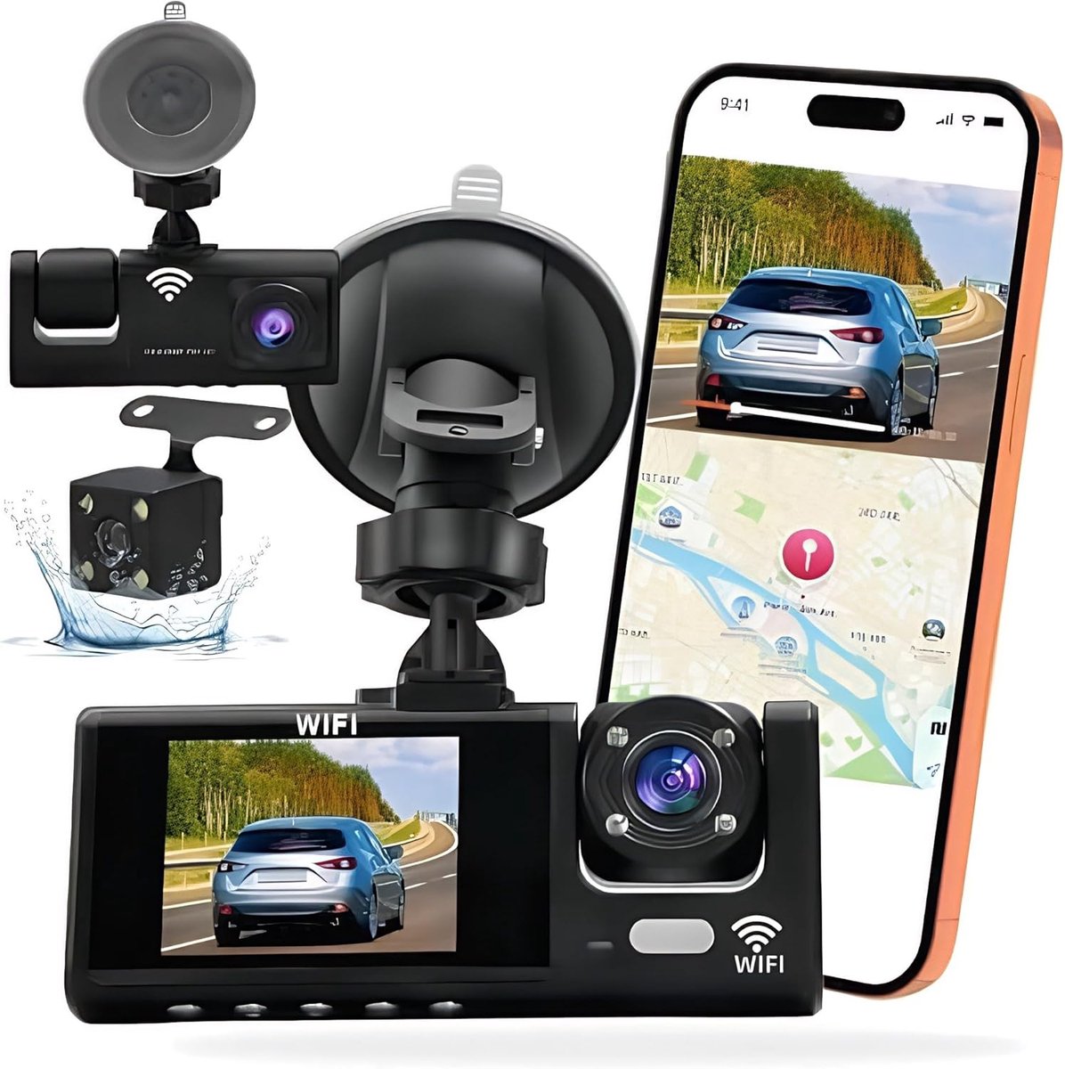 SnelShoppen - Dashcam 3 camera's 1080P Full HD | Maximale veiligheid 360° zonder dode hoek, nachtzicht, parkeerbewaking, wifi, bewegingsdetectie, idea