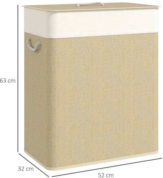 COVREO Wasmand 52x32x63 cm wit, bamboe 100 L met deksel en 2 vakken — afbeelding 3
