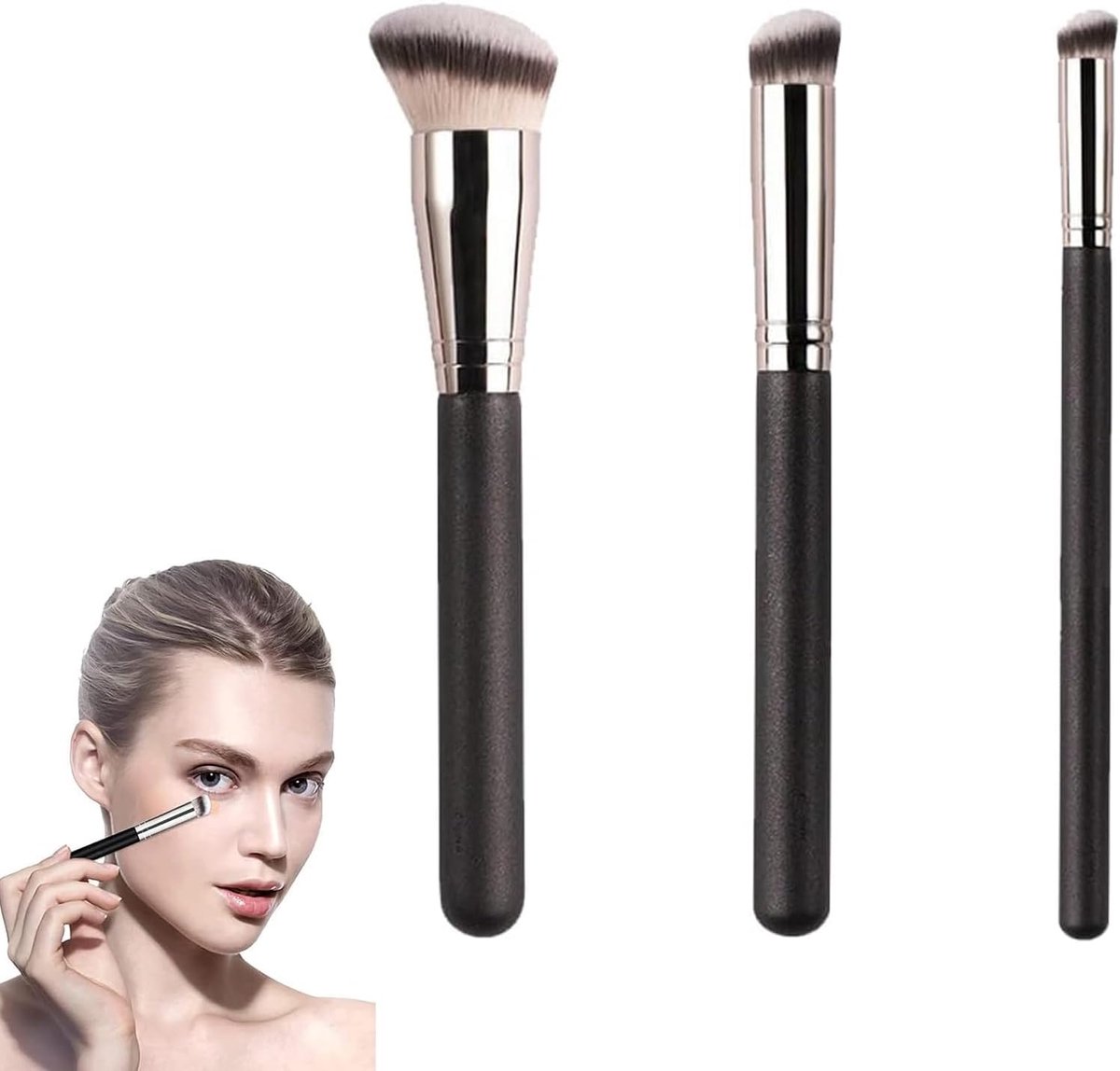 SnelShoppen - 3 Pack Professionele Make-up Kwasten Set met Zachte Synthetische Vezels voor Vloeibare Foundation en Concealer, Perfect voor Dagelijks G