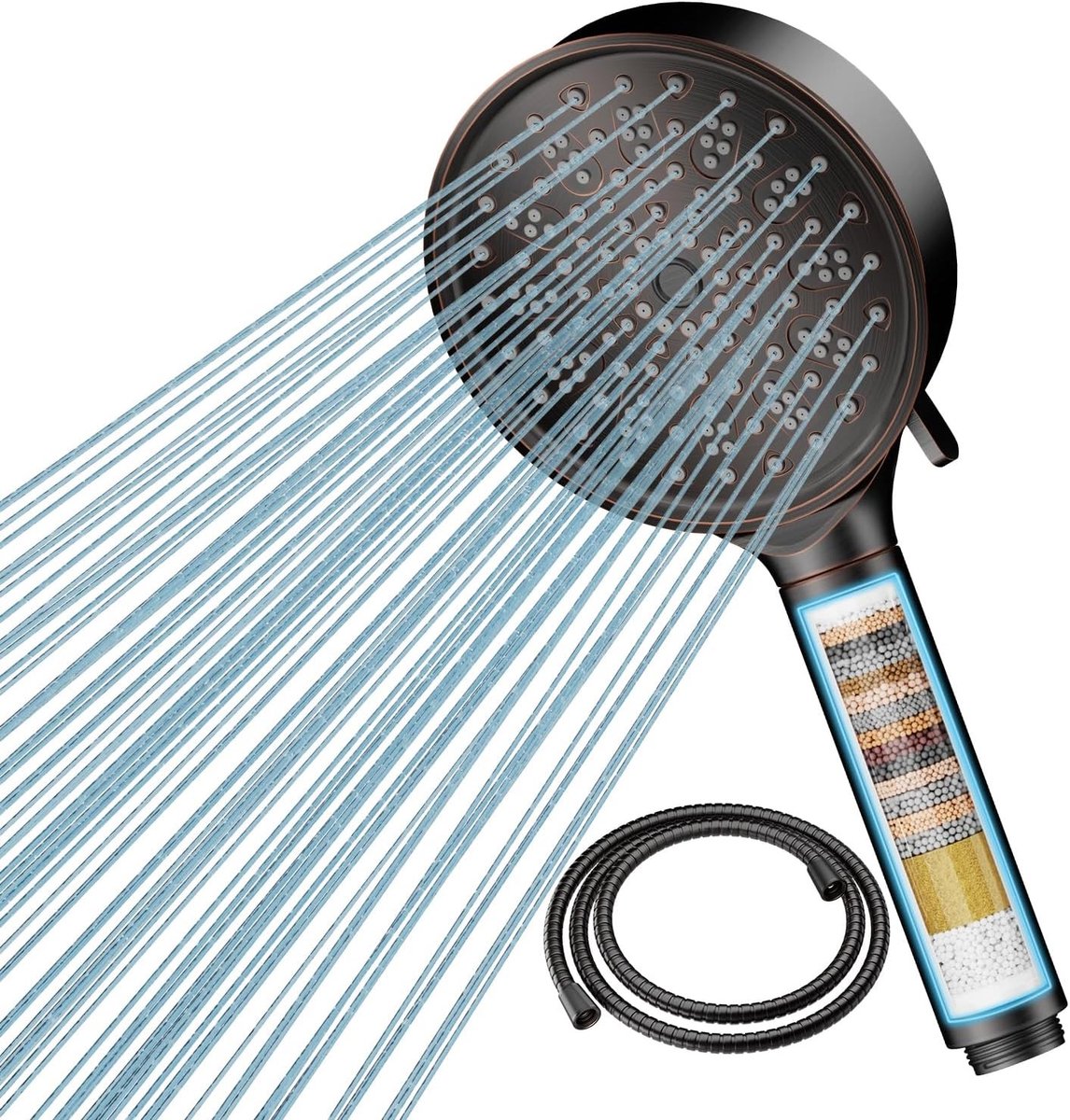 Douchekop met hard waterfilter en slang, 20-laags filter, 6 niveaus, hoge druk, krachtige handdouche, verwijdert chloor en onzuiverheden, oliegewreven bronskleur