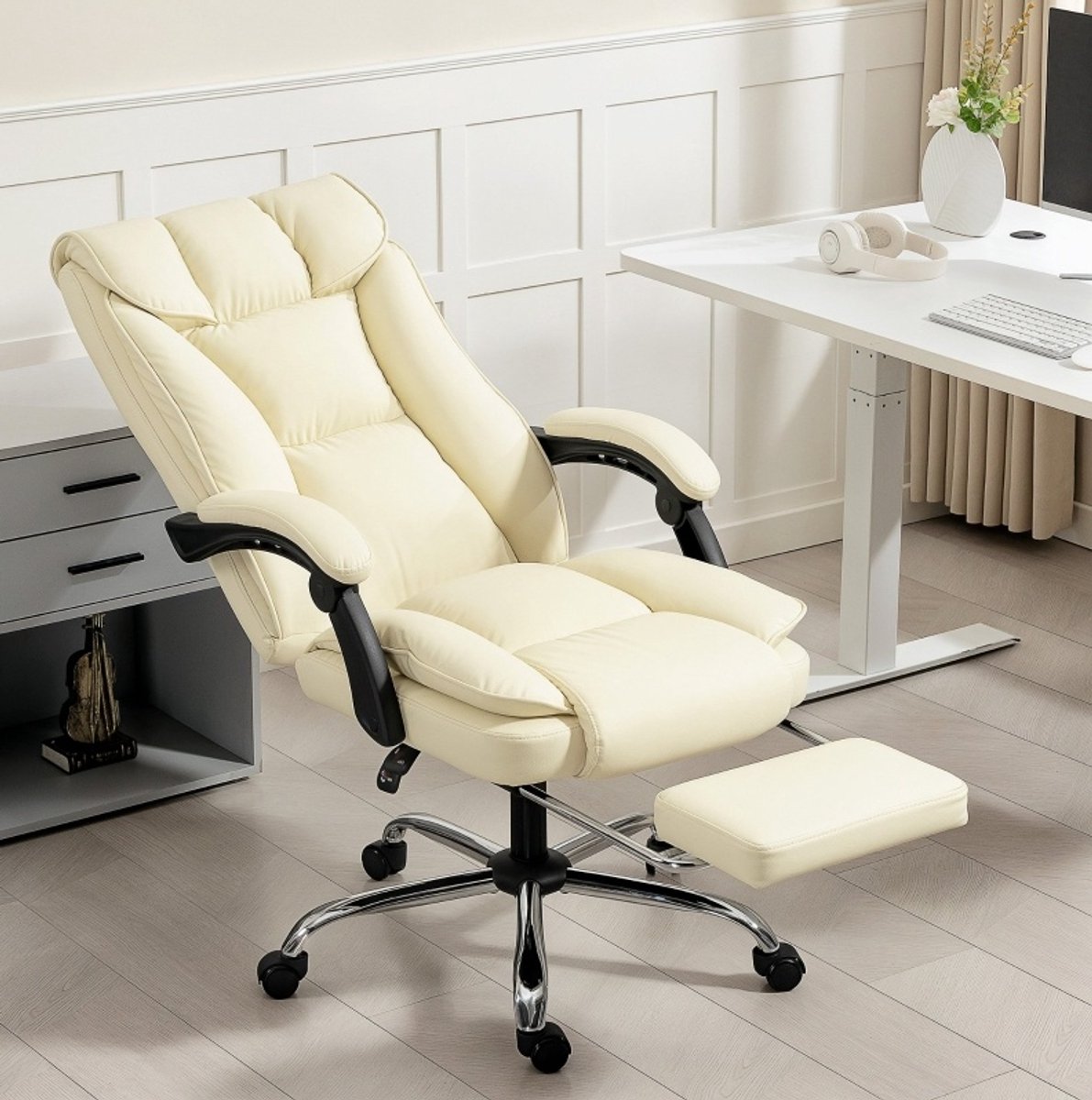 COVREO Bureaustoel 66 x 72 x 121 cm beige zwart, kunstleer, voetsteun
