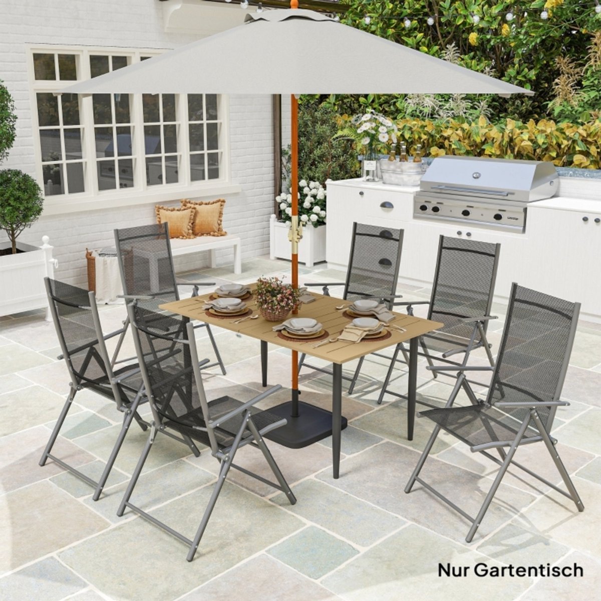 COVREO Tuintafel 150x90 cm bruin, van metaal met parasolgat voor 6 personen
