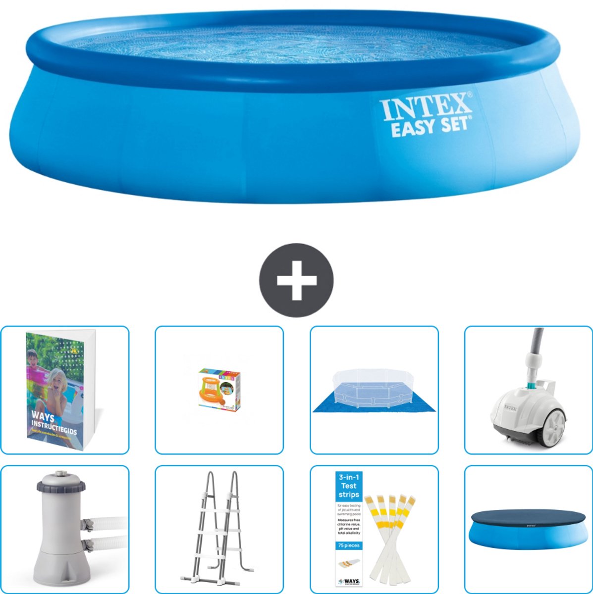 Intex Rond Opblaasbaar Easy Set Zwembad - 457 x 107 cm - Blauw - Inclusief Pomp - Ladder - Grondzeil - Afdekzeil - Speelgoed - Stofzuiger - 9-delig