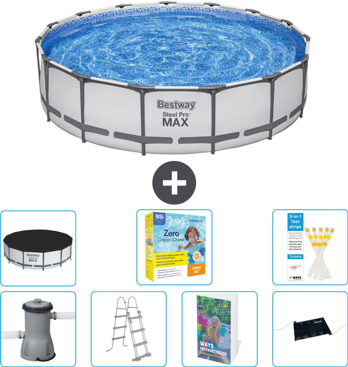 Bestway Rond Steel Pro MAX Zwembad - 457 x 107 cm - Grijs - Inclusief Pomp - Ladder - Afdekzeil - Onderhoudspakket - Solar Mat - 8-delig