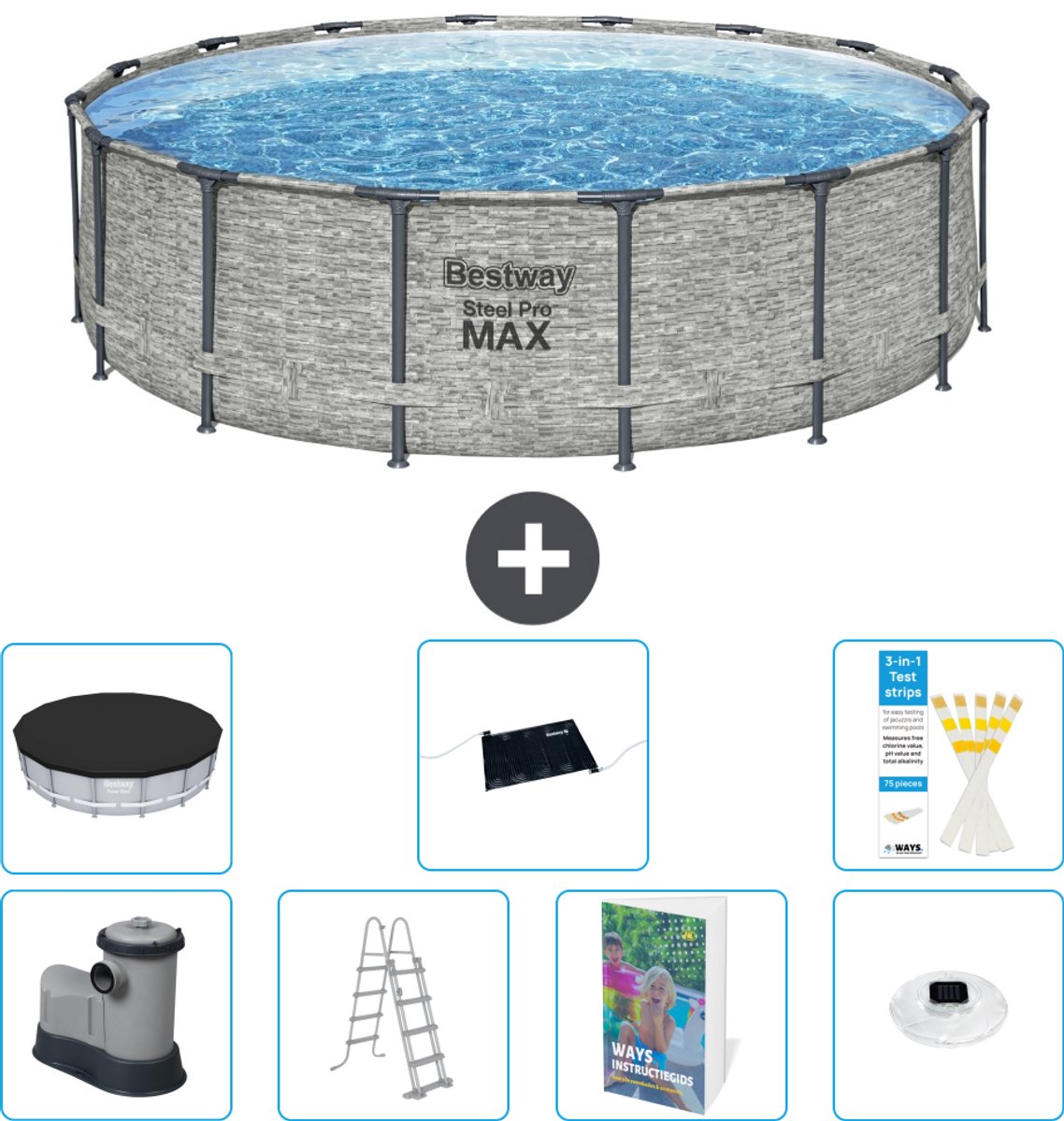 Bestway Rond Steel Pro MAX Zwembad - Steenprint - 488 x 122 cm - Inclusief Pomp - Ladder - Afdekzeil - Solar Mat - Verlichting - 8-delig