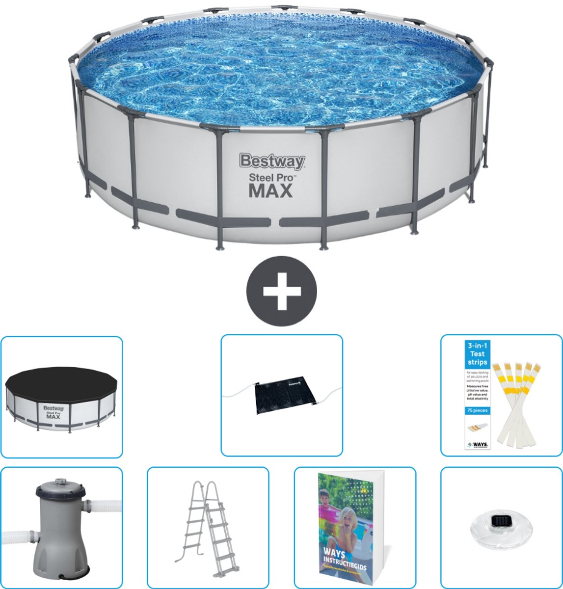 Bestway Rond Steel Pro MAX Zwembad - 457 x 122 cm - Grijs - Inclusief Pomp - Ladder - Afdekzeil - Solar Mat - Verlichting - 8-delig