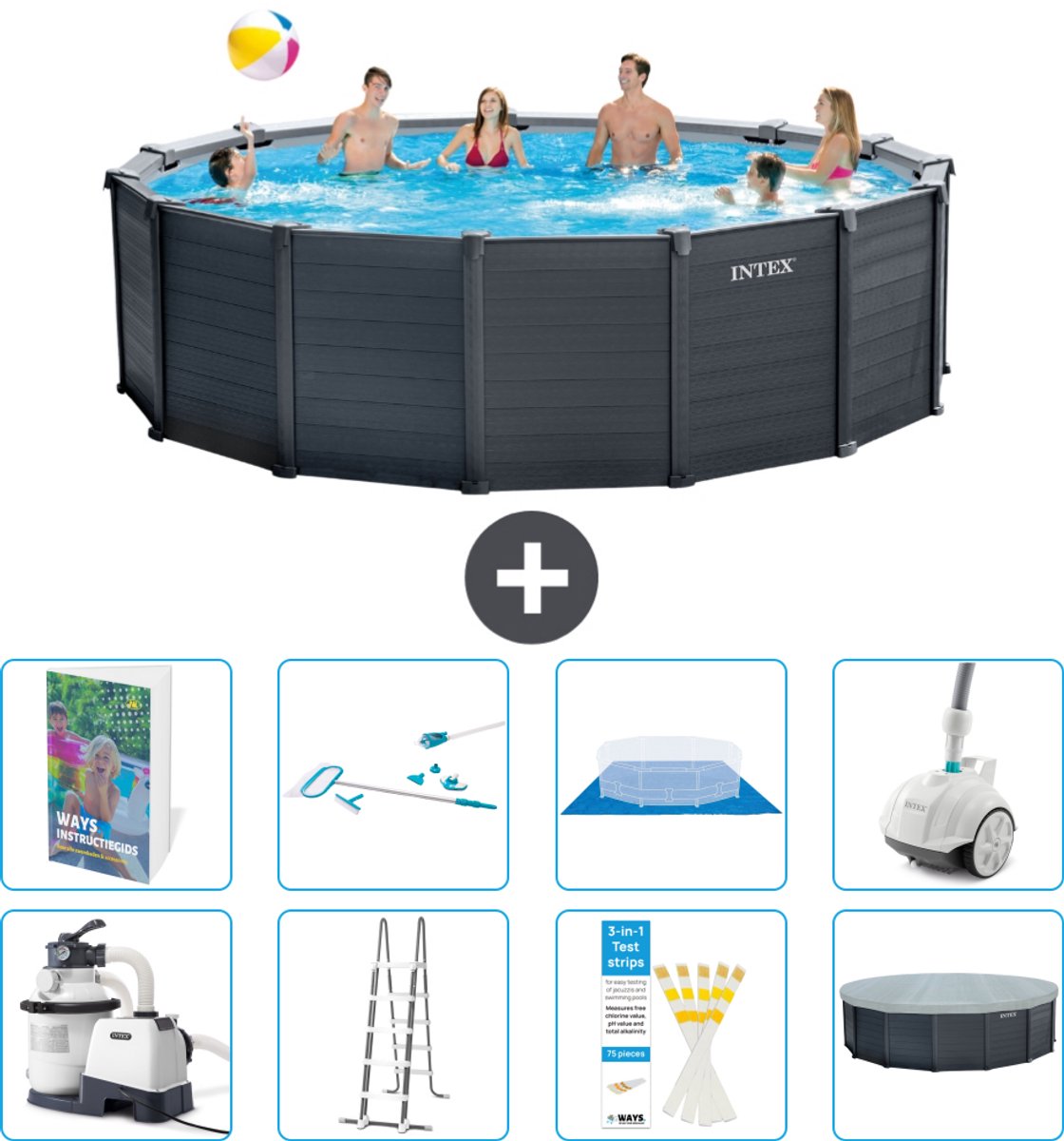 Intex Rond Graphite Gray Panel Zwembad - 478 x 124 cm - Inclusief Pomp - Ladder - Grondzeil - Afdekzeil - Schoonmaakset - Stofzuiger - 9-delig