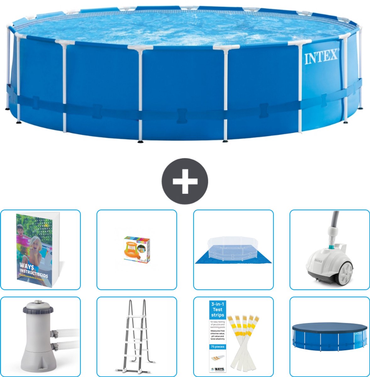 Intex Rond Frame Zwembad - 457 x 122 cm - Blauw - Inclusief Pomp - Ladder - Grondzeil - Afdekzeil - Speelgoed - Stofzuiger - 9-delig