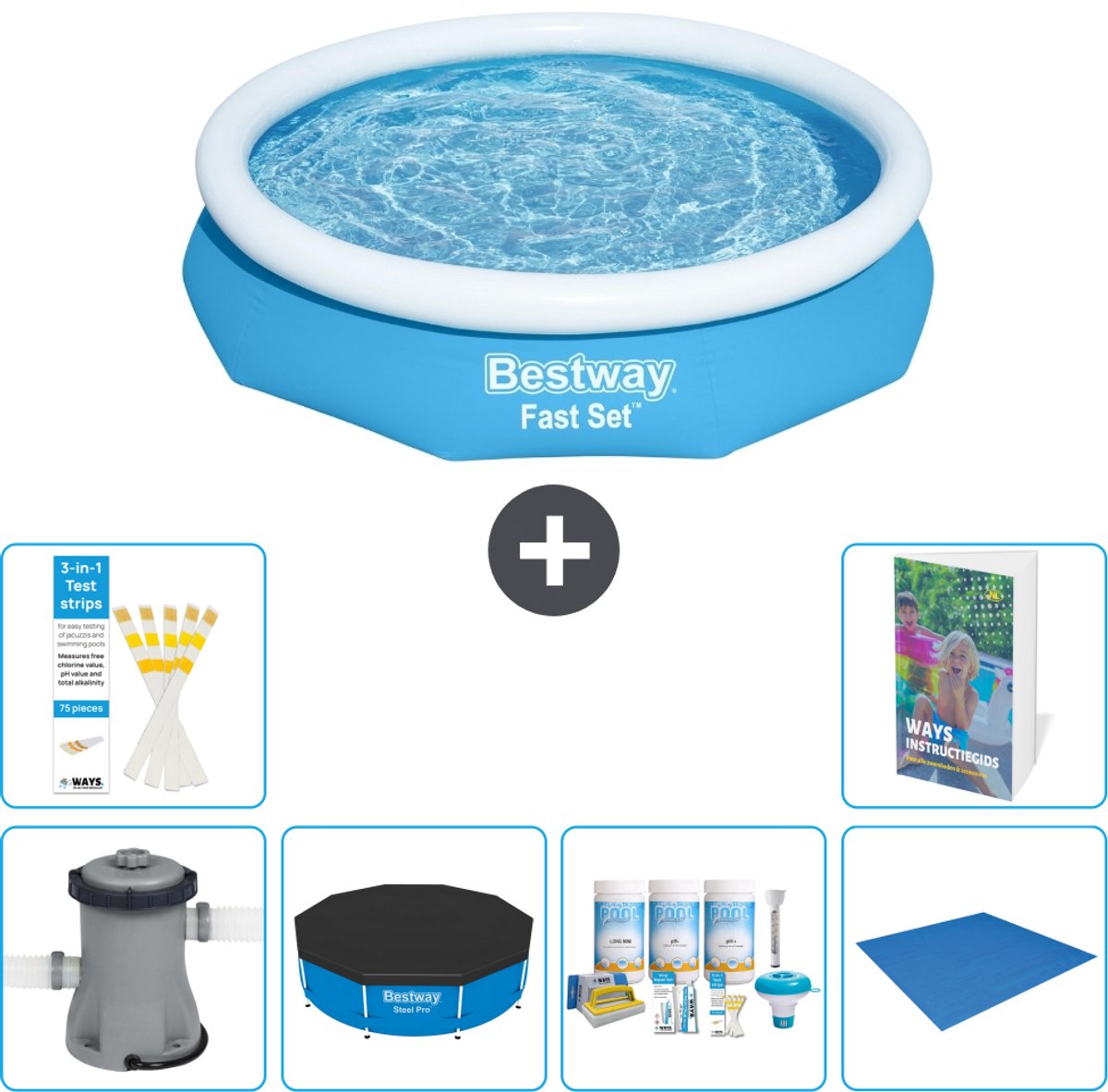 Bestway Rond Opblaasbaar Fast Set Zwembad - 305 x 66 cm - Blauw - Inclusief Pomp - Afdekzeil - Onderhoudspakket - Grondzeil - 7-delig