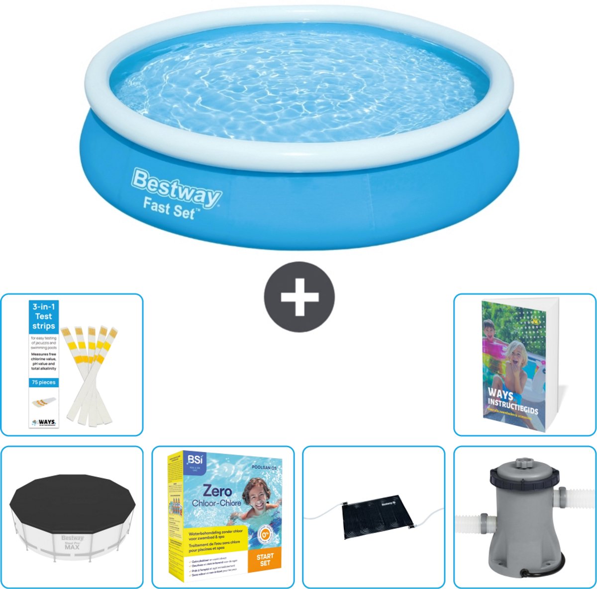 Bestway Rond Opblaasbaar Fast Set Zwembad - 366 x 76 cm - Blauw - Inclusief Afdekzeil - Onderhoudspakket - Solar Mat - Zwembadfilterpomp - 7-delig
