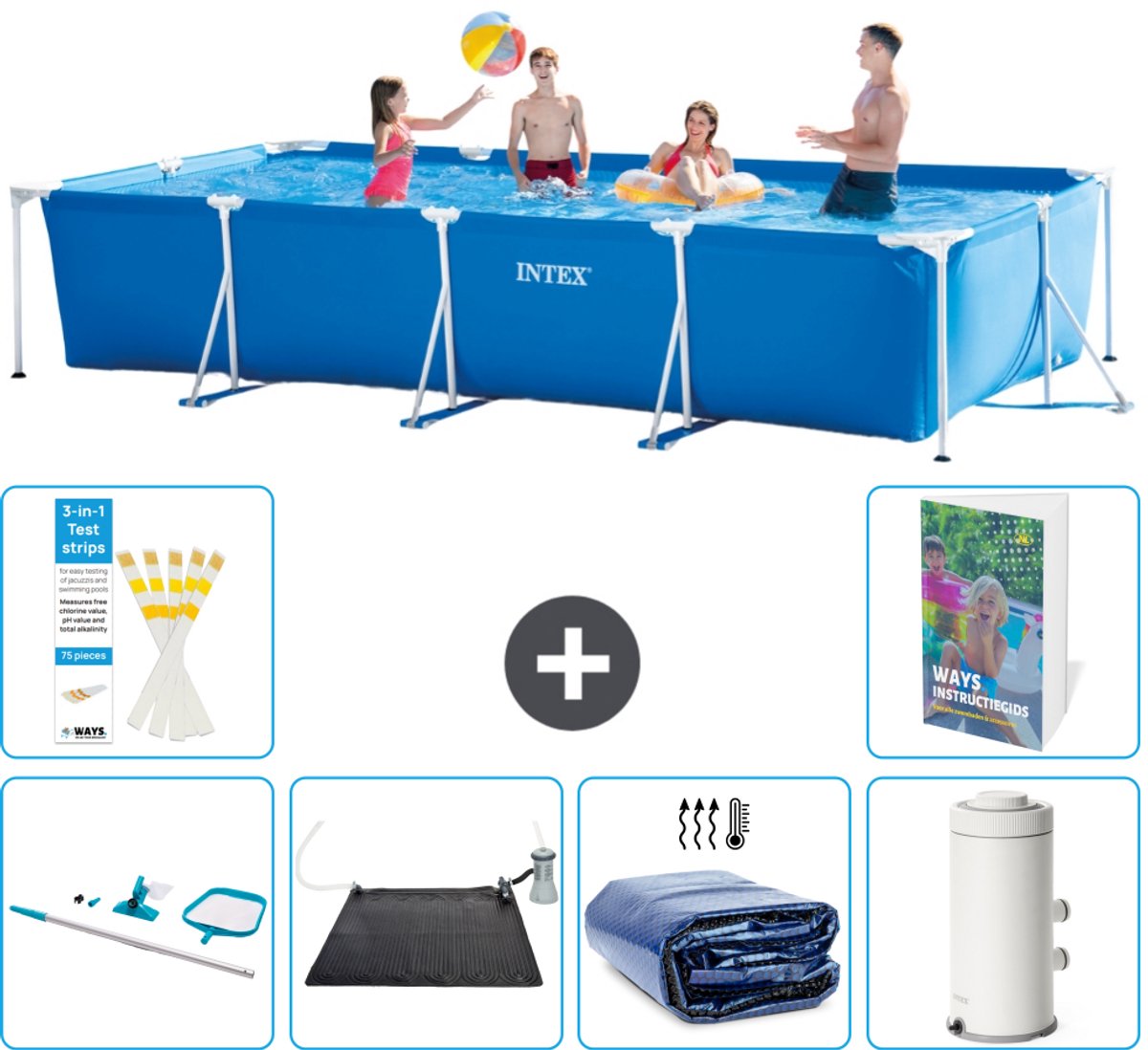 Intex Rechthoekig Frame Zwembad - 450 x 220 x 84 cm - Blauw - Inclusief Schoonmaakset - Solar Mat - Solarzeil - Zwembadfilterpomp - 7-delig
