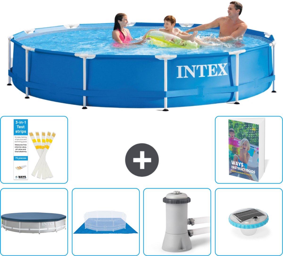 Intex Rond Frame Zwembad - 366 x 76 cm - Blauw - Inclusief Afdekzeil - Grondzeil - Zwembadfilterpomp - Verlichting - 7-delig