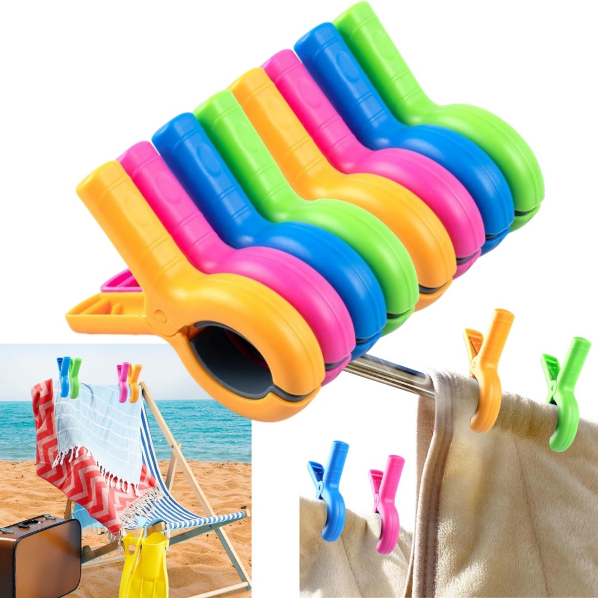 8 stuks - Grote strandhanddoekclip - Winddicht en stevig ontwerp - Handdoekgesp - Zitclip - 6,8*9,4 cm - Voor gebruik met strand- en zwembadstoelen - Geel, blauw, groen, rood