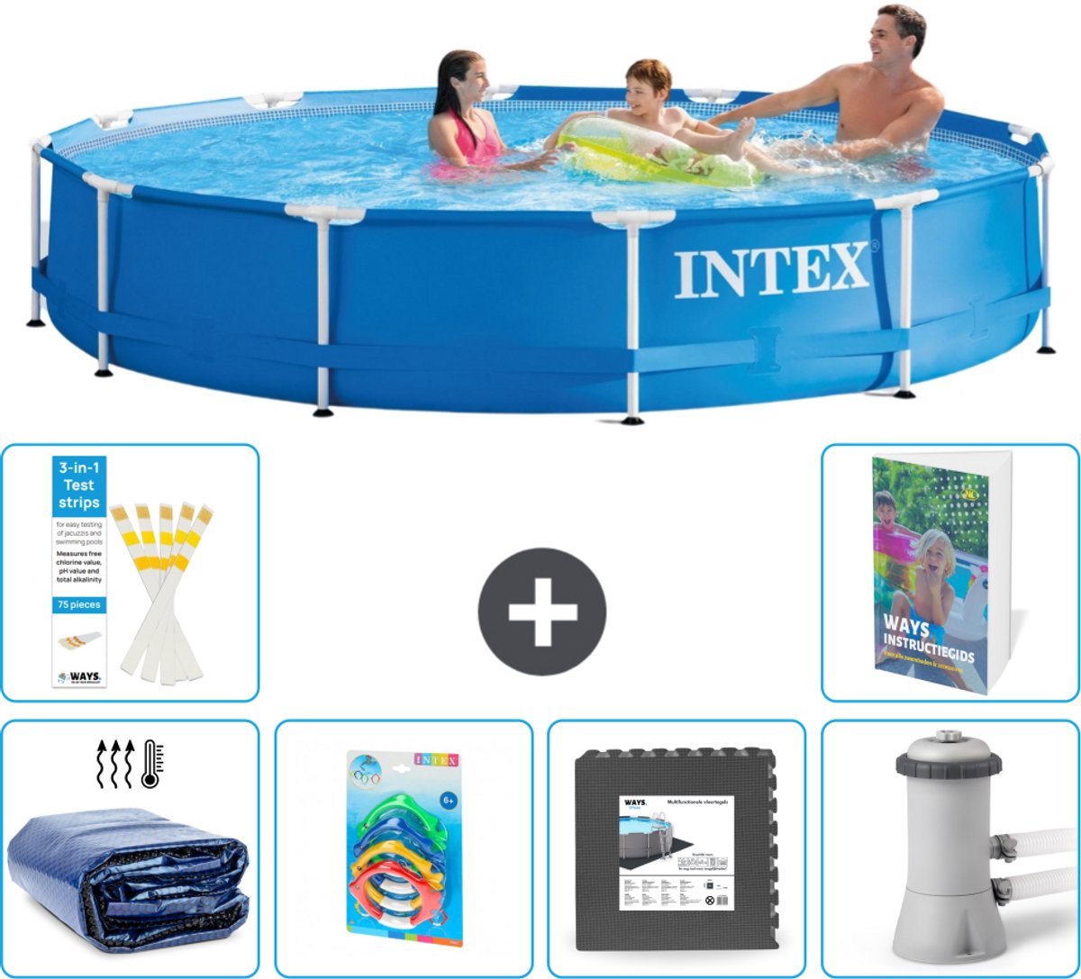 Intex Rond Frame Zwembad - 366 x 76 cm - Blauw - Inclusief Solarzeil - Speelgoed - Vloertegels - Zwembadfilterpomp - 7-delig