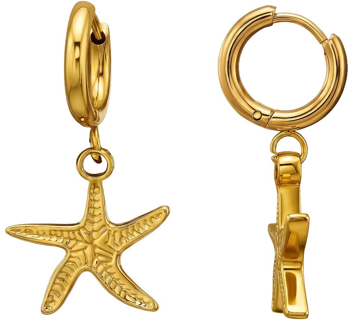 Joy Ibiza - zeester oorbellen - ster bedel oorringen - 11 mm met klap scharnier sluiting - starfish - ear party boho - bohemian style - chirurgisch staal - ip/pvd goldplated t29