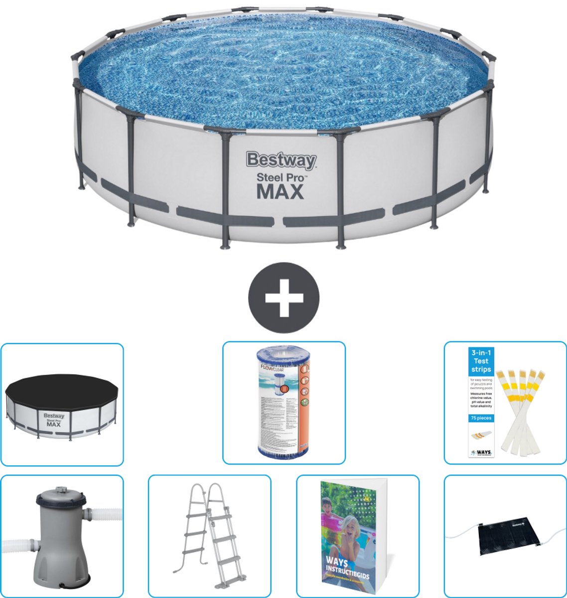 Bestway Rond Steel Pro MAX Zwembad - 427 x 107 cm - Grijs - Inclusief Pomp - Ladder - Afdekzeil - Filter - Solar Mat - 8-delig