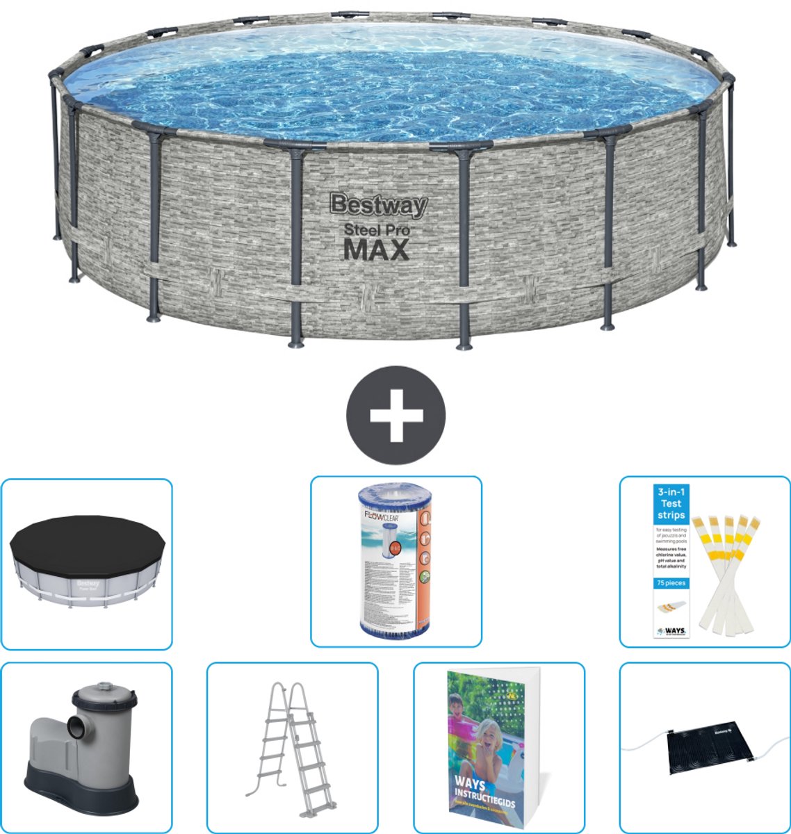 Bestway Rond Steel Pro MAX Zwembad - Steenprint - 488 x 122 cm - Inclusief Pomp - Ladder - Afdekzeil - Filter - Solar Mat - 8-delig