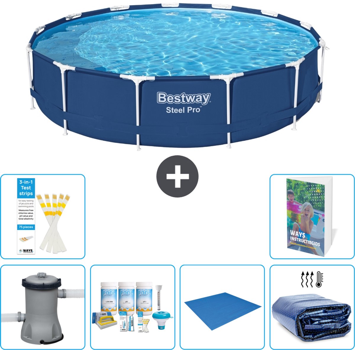 Bestway Rond Steel Pro Zwembad - 396 x 84 cm - Blauw - Inclusief Pomp - Onderhoudspakket - Grondzeil - Solarzeil - 7-delig