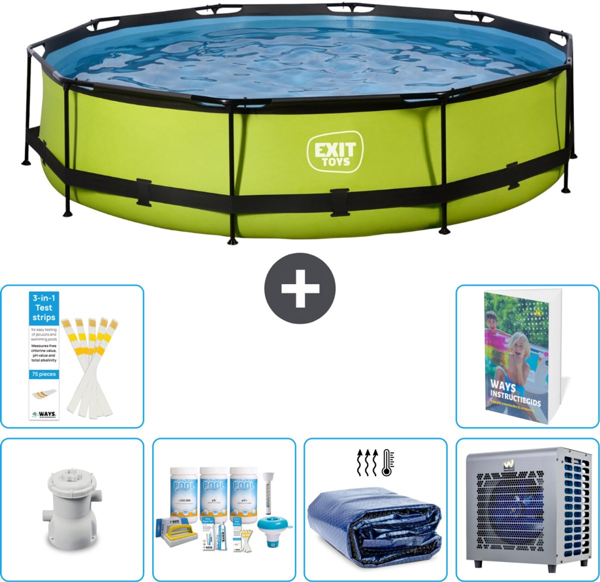 EXIT Rond Lime Frame Zwembad - 360 x 76 cm - Inclusief Pomp - Onderhoudspakket - Solarzeil - Warmtepomp - 7-delig