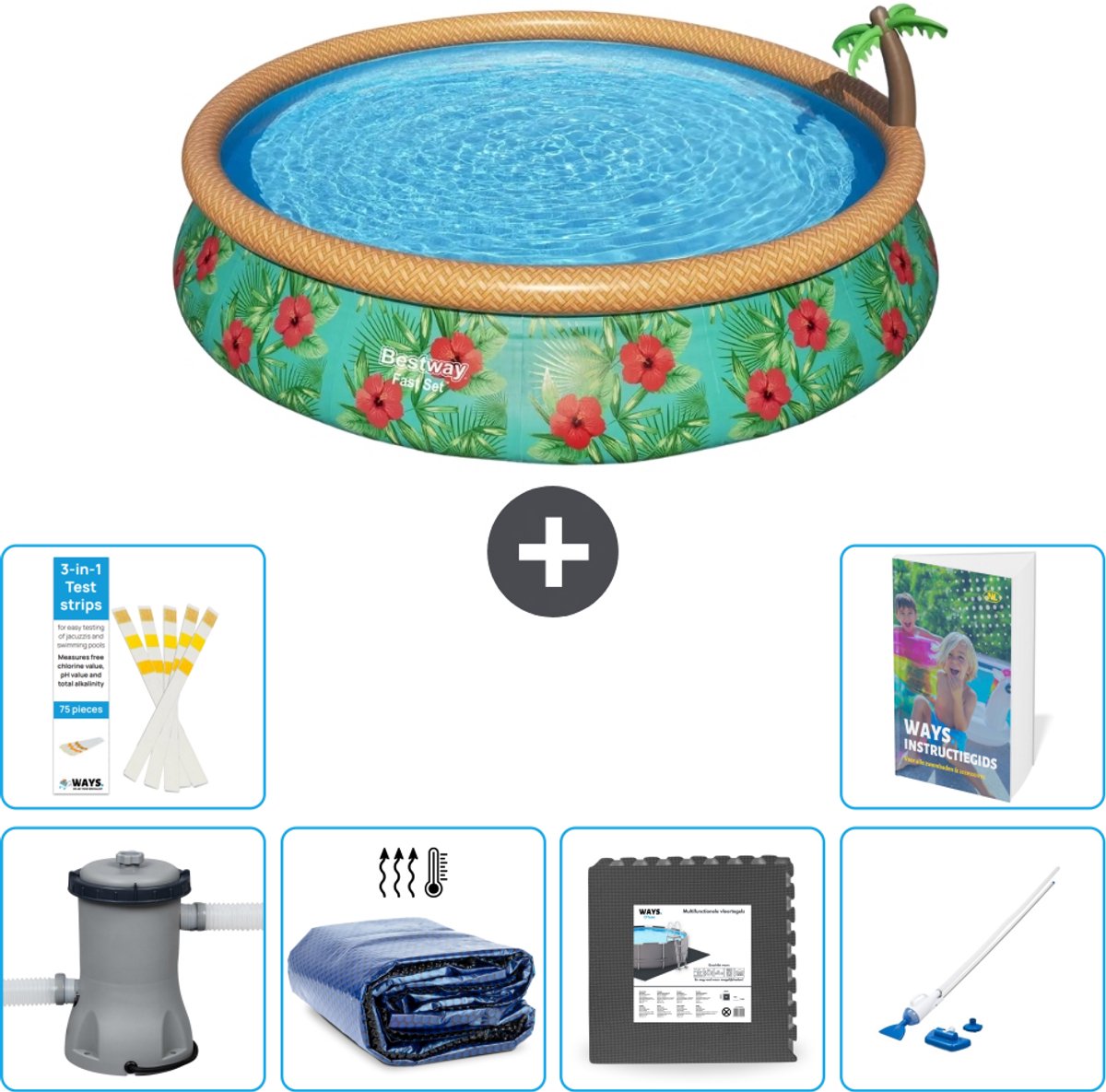 Bestway Rond Opblaasbaar Fast Set Zwembad - Paradijsprint - 457 x 84 cm - Inclusief Pomp - Solarzeil - Vloertegels - Stofzuiger - 7-delig