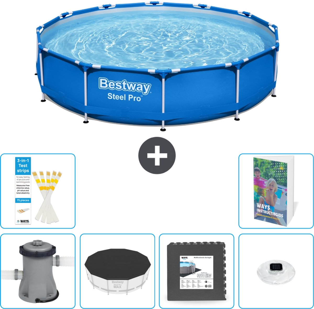 Bestway Rond Steel Pro Zwembad - 366 x 76 cm - Blauw - Inclusief Pomp - Afdekzeil - Vloertegels - Verlichting - 7-delig