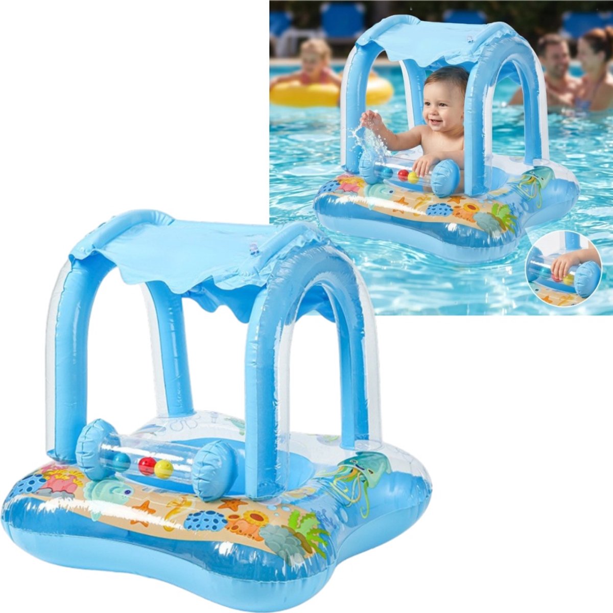 1 stuk - Babyzwemmat met zonnescherm - Dierenprint - Opblaasbare zwemring - Waterspeelmat - 60*60*58 cm - Voor baby's en peuters van 0 tot 6 maanden om in het water te spelen - Blauw