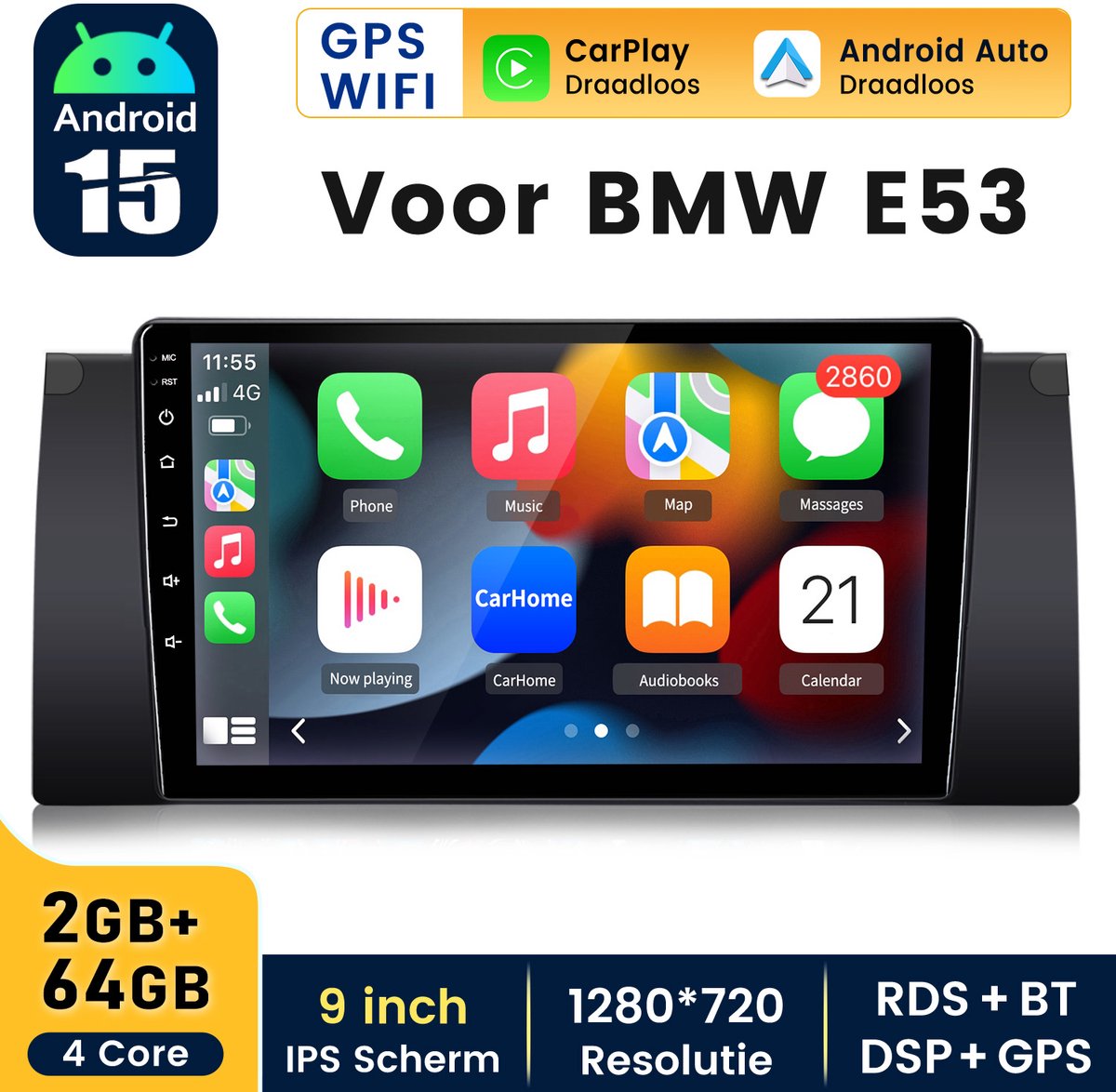 Hexinexmarket Autoradio Geschikt Voor BMW E53 - Draadloos CarPlay, Android Auto, GPS Navi, multimediaspeler - 2GB+64GB