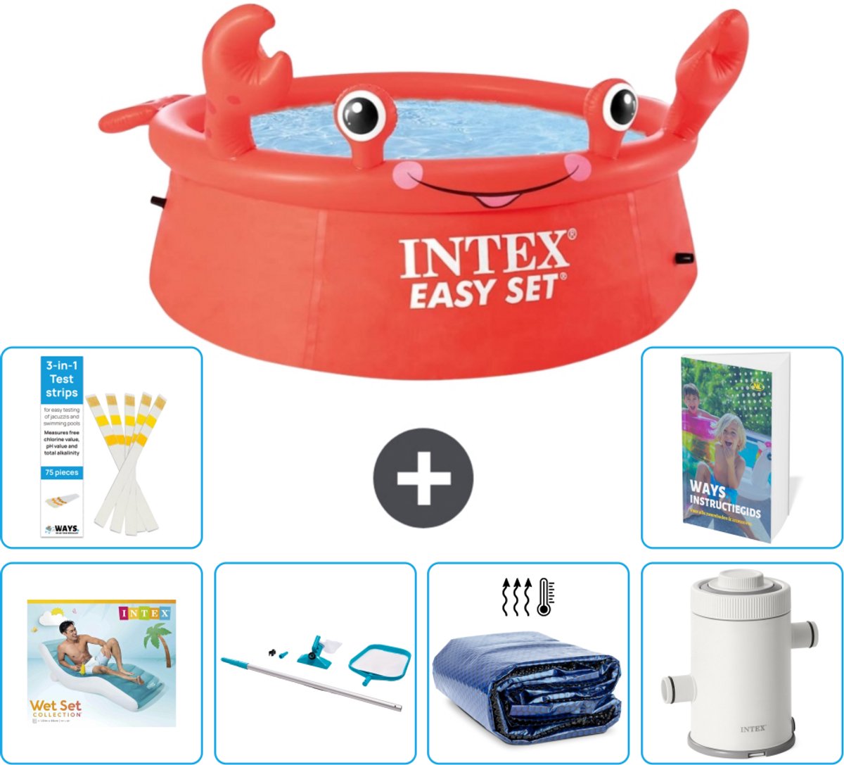 Intex Rond Opblaasbaar Easy Set Zwembad - 183 x 51 cm - Rood - Krab - Inclusief Loungebed - Schoonmaakset - Solarzeil - Zwembadfilterpomp - 7-delig