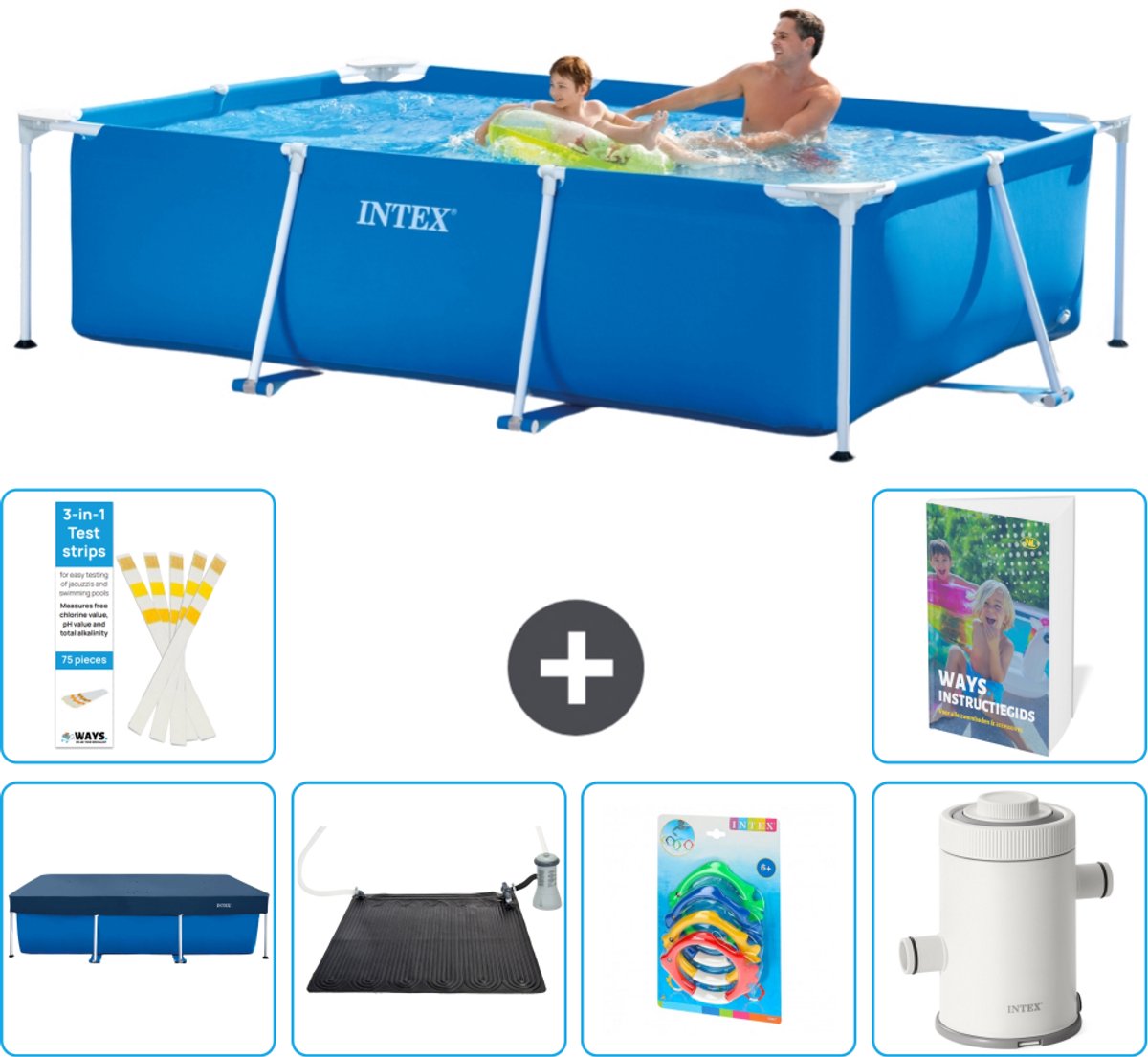 Intex Rechthoekig Frame Zwembad - 260 x 160 x 65 cm - Blauw - Inclusief Afdekzeil - Solar Mat - Speelgoed - Zwembadfilterpomp - 7-delig
