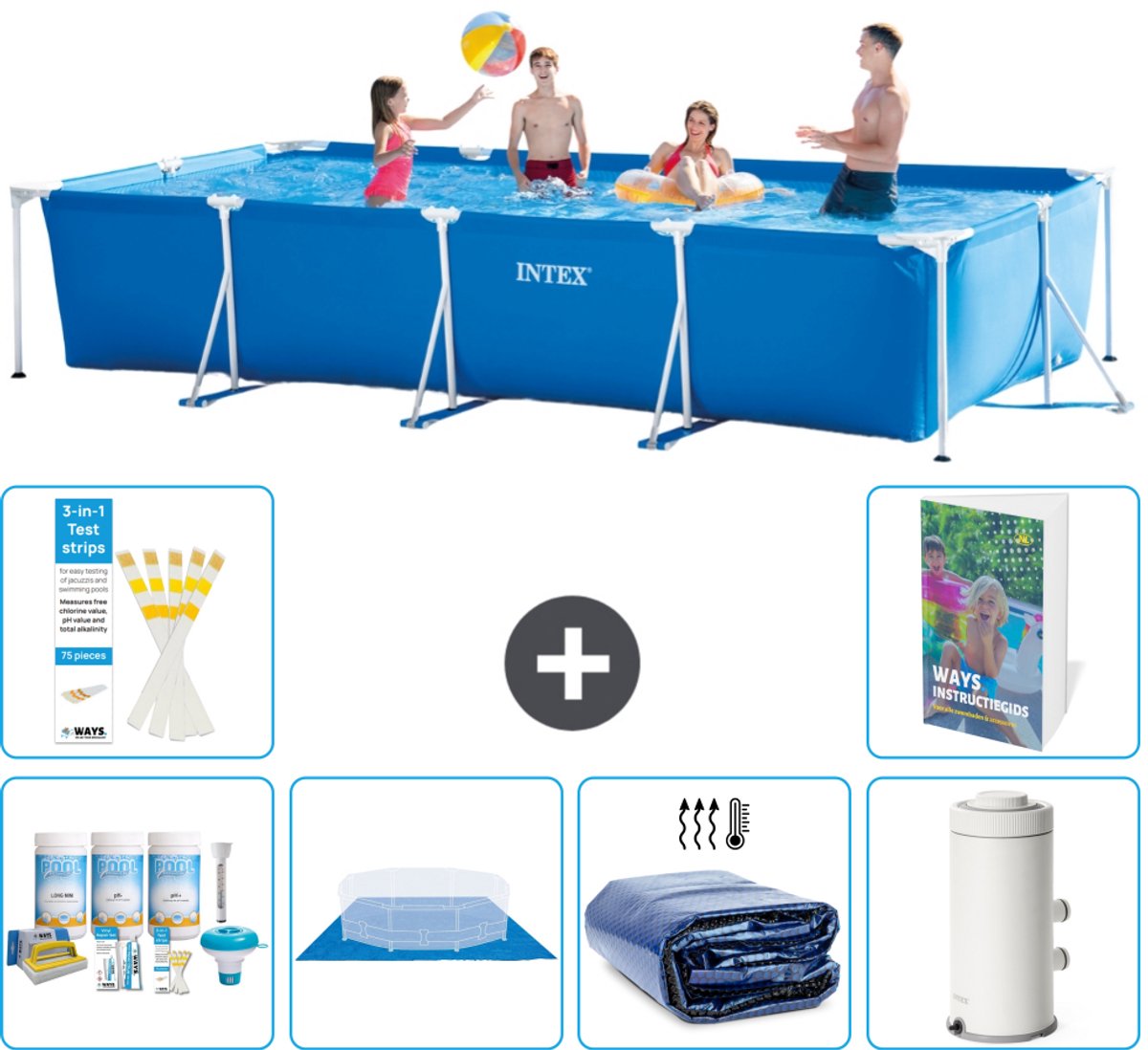 Intex Rechthoekig Frame Zwembad - 450 x 220 x 84 cm - Blauw - Inclusief Onderhoudspakket - Grondzeil - Solarzeil - Zwembadfilterpomp - 7-delig