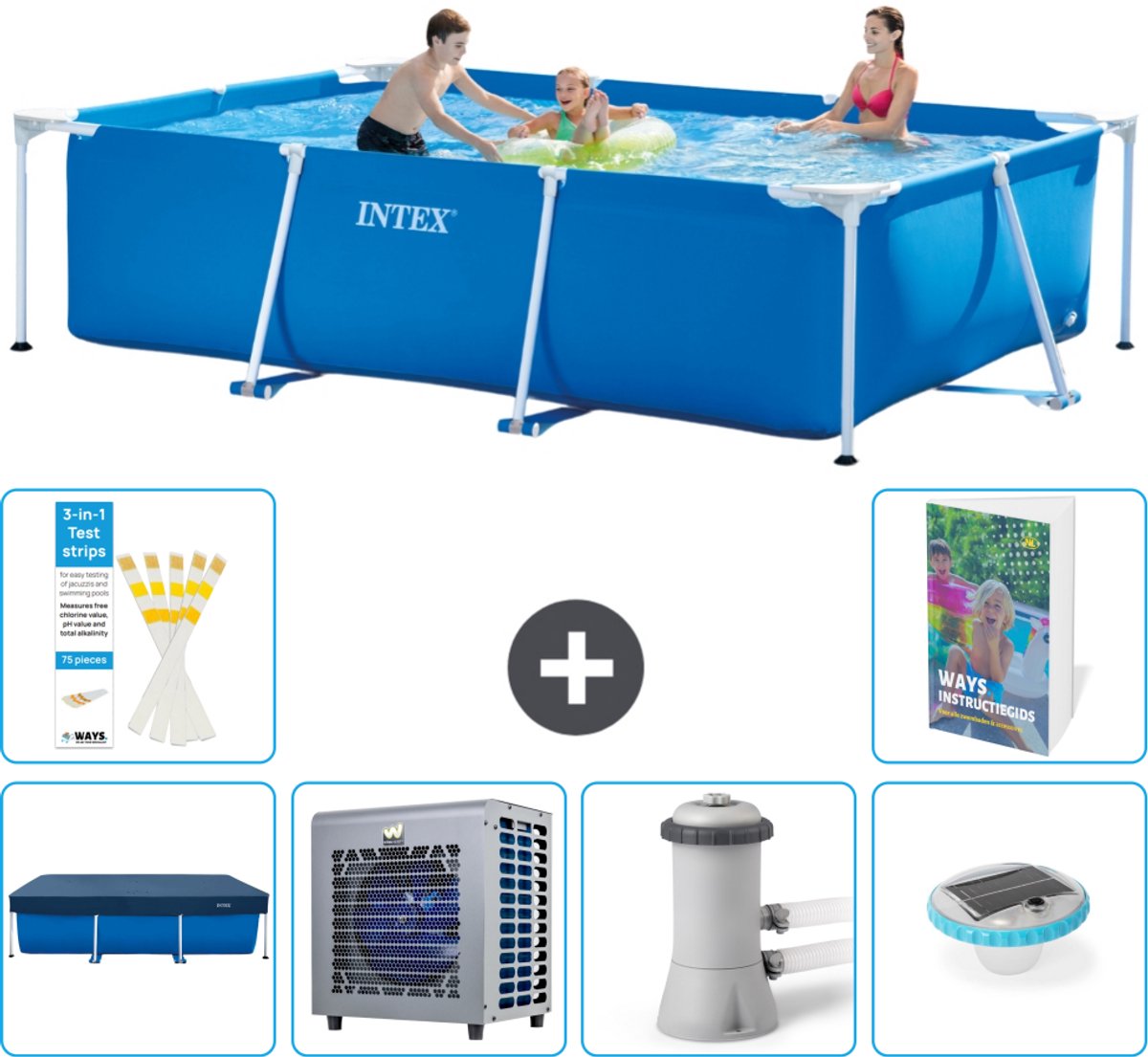 Intex Rechthoekig Frame Zwembad - 300 x 200 x 75 cm - Blauw - Inclusief Afdekzeil - Warmtepomp - Zwembadfilterpomp - Verlichting - 7-delig