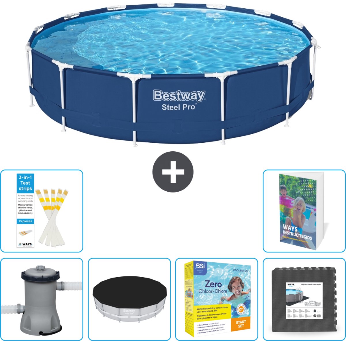 Bestway Rond Steel Pro Zwembad - 396 x 84 cm - Blauw - Inclusief Pomp - Afdekzeil - Onderhoudspakket - Vloertegels - 7-delig