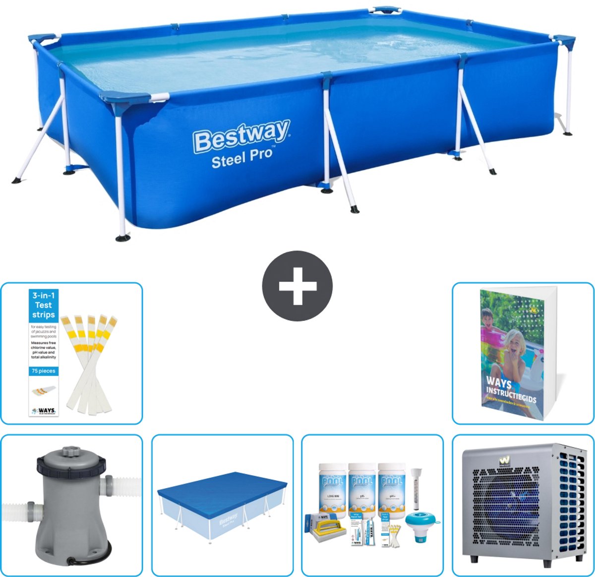 Bestway Rechthoekig Steel Pro Zwembad - 300 x 201 x 66 cm - Blauw - Inclusief Pomp - Afdekzeil - Onderhoudspakket - Warmtepomp - 7-delig