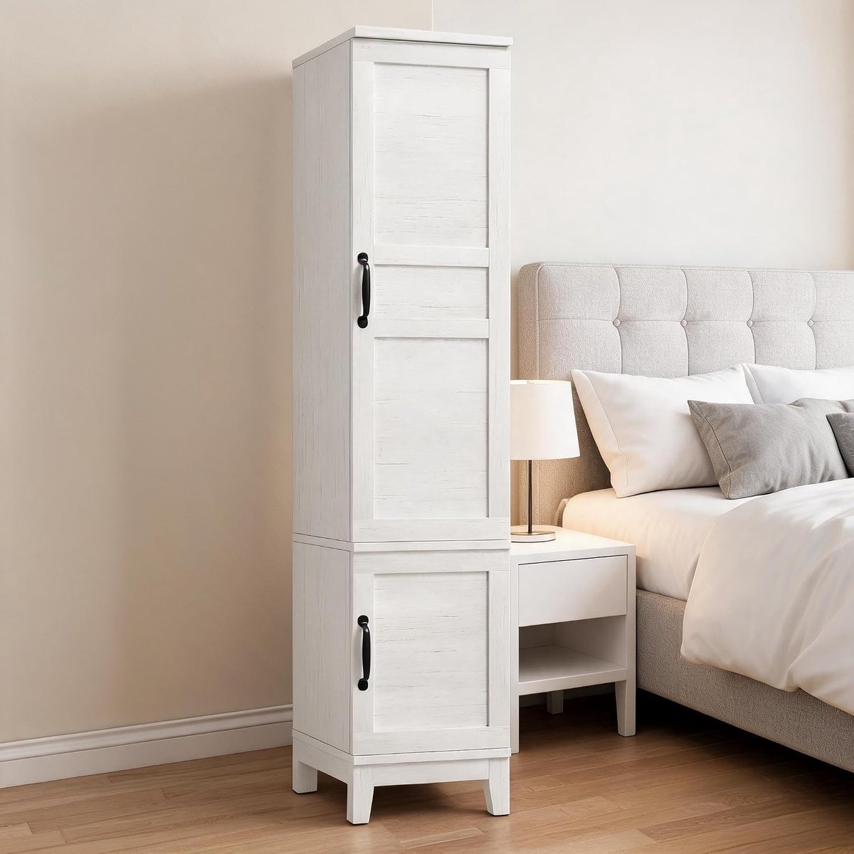 Vrijstaande rustieke houten kledingkast – 2 deuren – 72" hoge opbergkast voor de slaapkamer – kledingstang – 18 verstelbare planken – smalle indeling voor kleding – wit