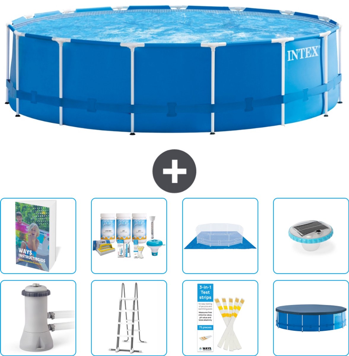 Intex Rond Frame Zwembad - 457 x 122 cm - Blauw - Inclusief Pomp - Ladder - Grondzeil - Afdekzeil - Onderhoudspakket - Verlichting - 9-delig