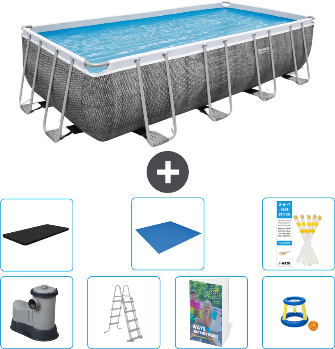 Bestway Rechthoekig Power Steel Zwembad - Rattanprint - 549 x 274 x 122 - Inclusief Pomp - Ladder - Afdekzeil - Grondzeil - Speelgoed - 8-delig