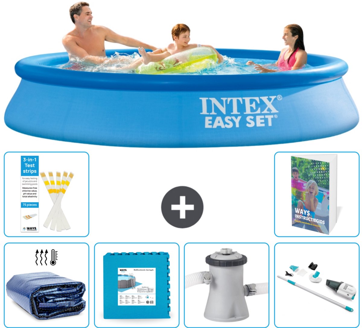 Intex Rond Opblaasbaar Easy Set Zwembad - 305 x 61 cm - Blauw - Inclusief Solarzeil - Vloertegels - Zwembadfilterpomp - Stofzuiger - 7-delig