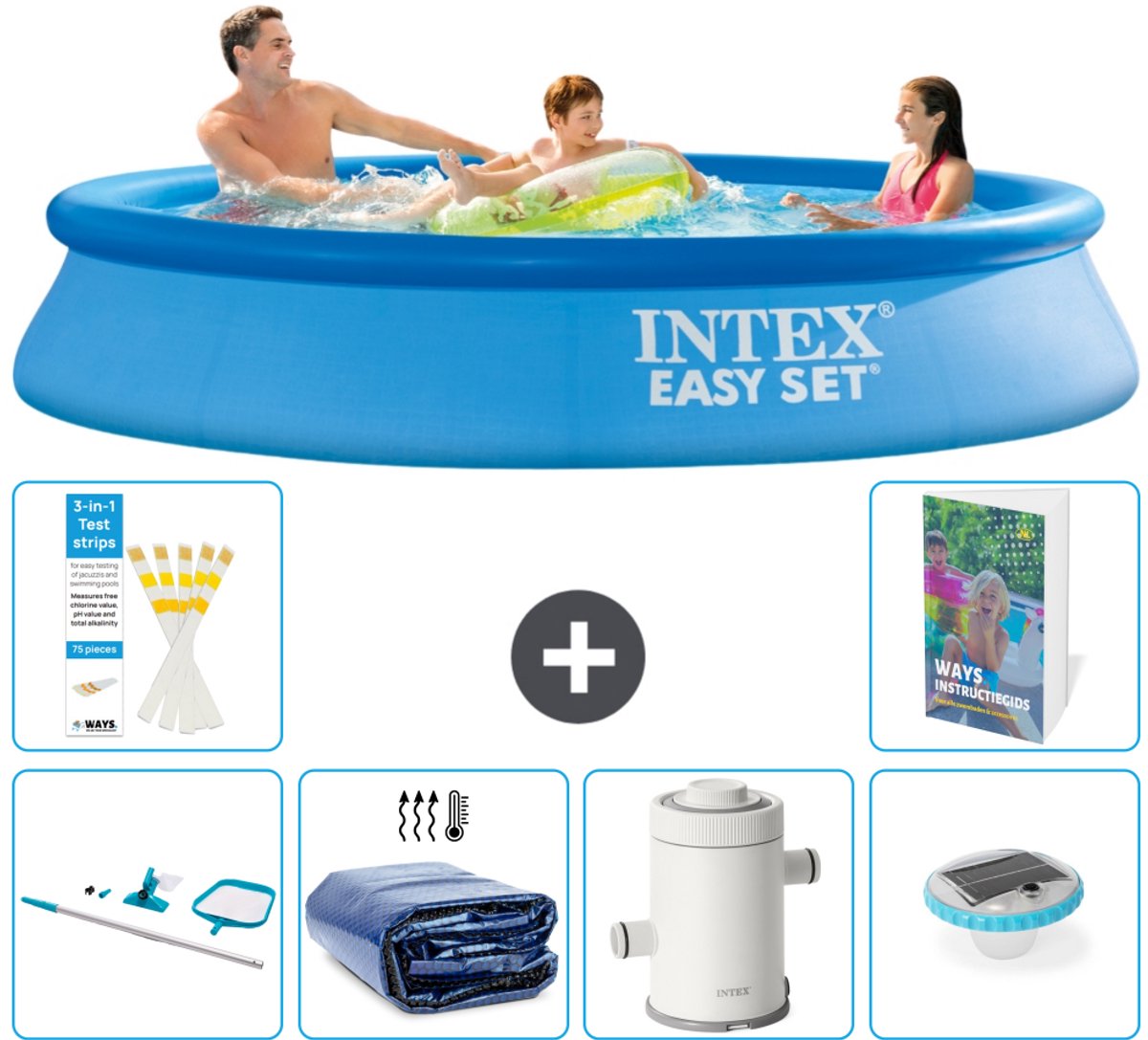 Intex Rond Opblaasbaar Easy Set Zwembad - 305 x 61 cm - Blauw - Inclusief Schoonmaakset - Solarzeil - Zwembadfilterpomp - Verlichting - 7-delig