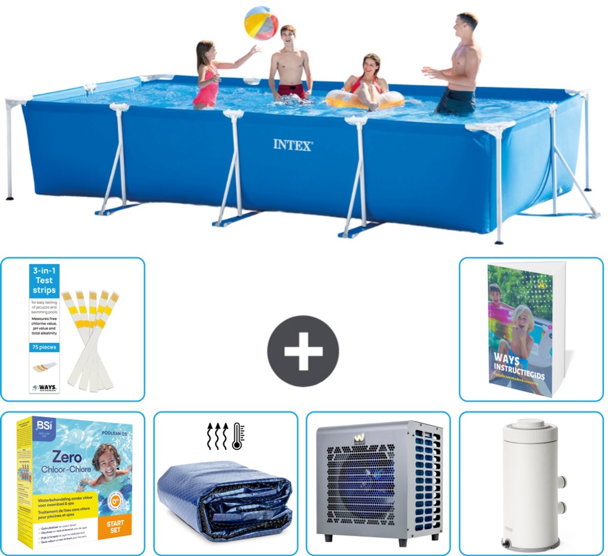 Intex Rechthoekig Frame Zwembad - 450 x 220 x 84 cm - Blauw - Inclusief Onderhoudspakket - Solarzeil - Warmtepomp - Zwembadfilterpomp - 7-delig