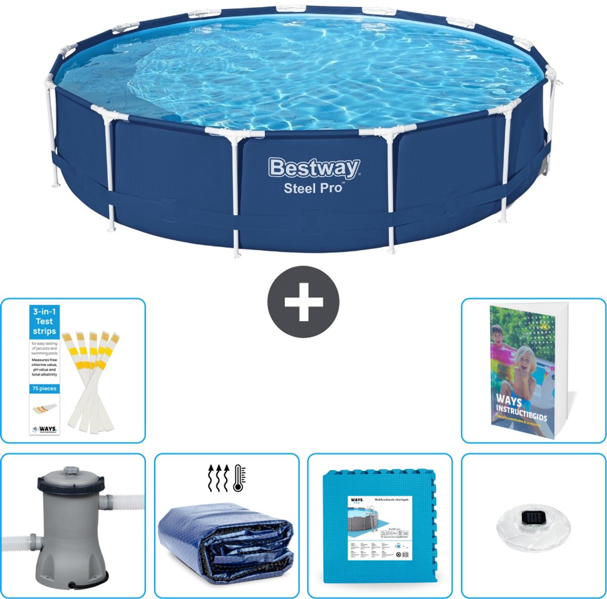 Bestway Rond Steel Pro Zwembad - 396 x 84 cm - Blauw - Inclusief Pomp - Solarzeil - Vloertegels - Verlichting - 7-delig