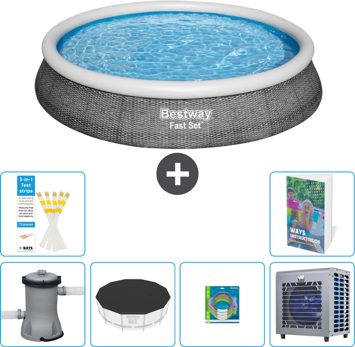 Bestway Rond Opblaasbaar Fast Set Zwembad - Rotanprint - 396 x 84 cm - Inclusief Pomp - Afdekzeil - Speelgoed - Warmtepomp - 7-delig