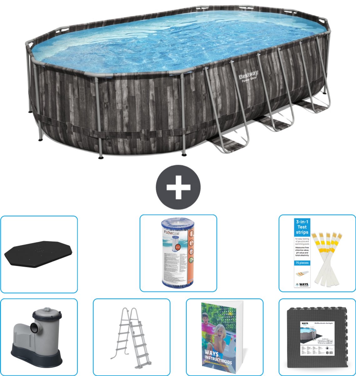 Bestway Ovaal Power Steel Zwembad - 610 x 366 x 122 - Grijs - Inclusief Pomp - Ladder - Afdekzeil - Filter - Vloertegels - 8-delig