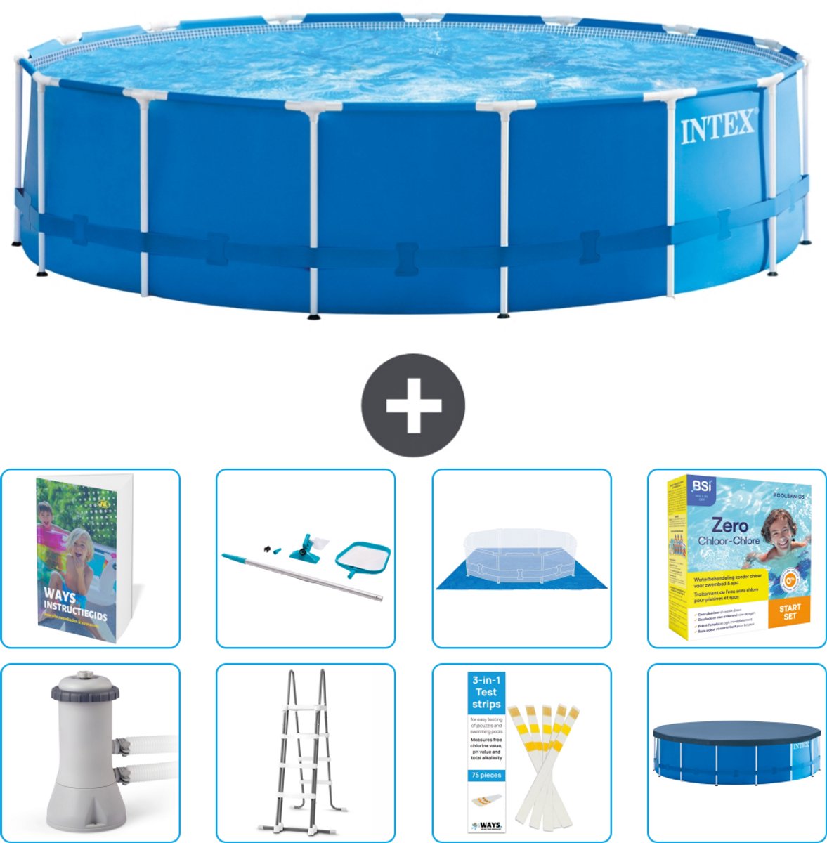 Intex Rond Frame Zwembad - 457 x 122 cm - Blauw - Inclusief Pomp - Ladder - Grondzeil - Afdekzeil - Schoonmaakset - Onderhoudspakket - 9-delig