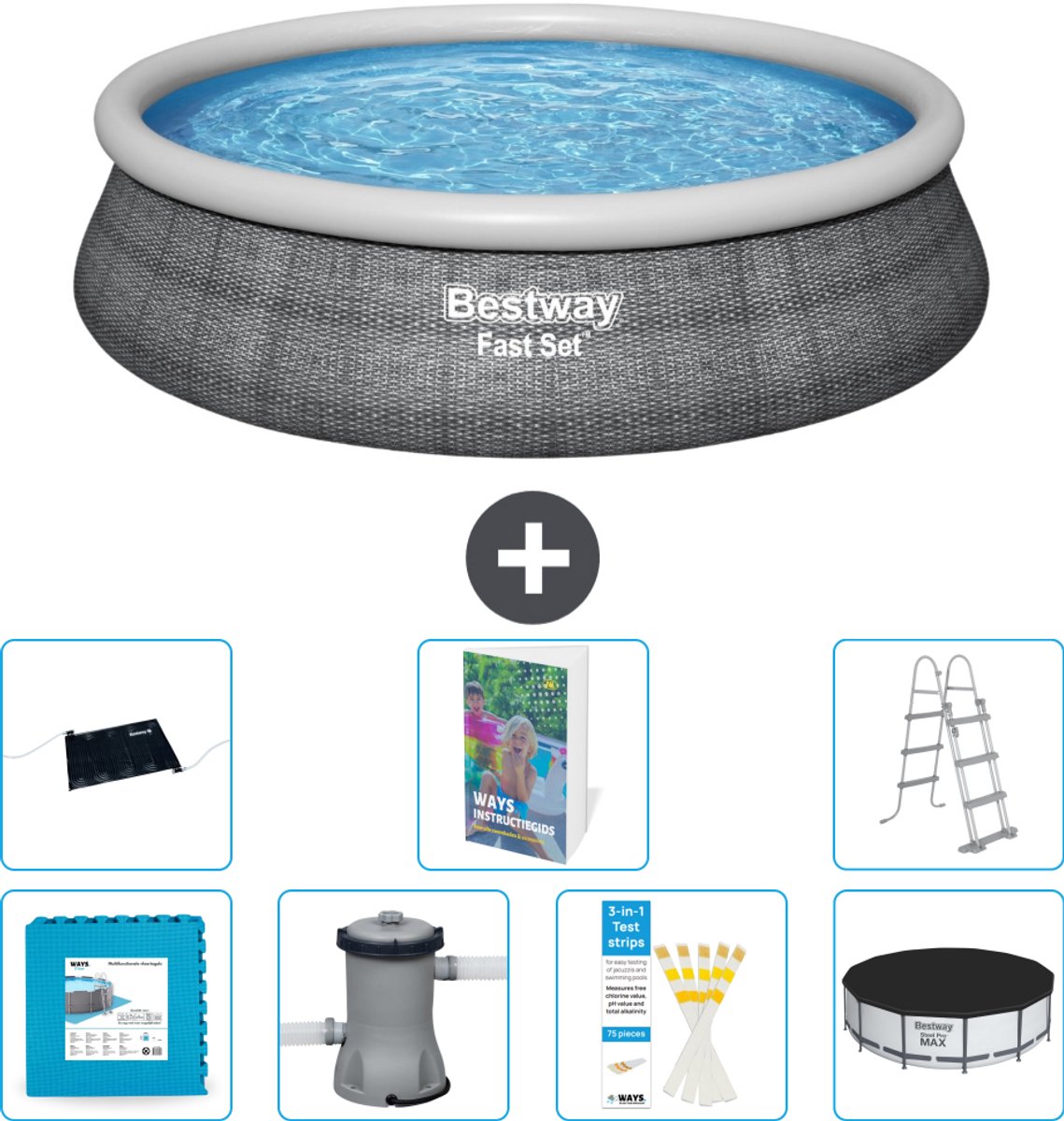 Bestway Rond Opblaasbaar Fast Set Zwembad - Rotanprint - 457 x 107 cm - Inclusief Pomp - Ladder - Afdekzeil - Solar Mat - Vloertegels - 8-delig