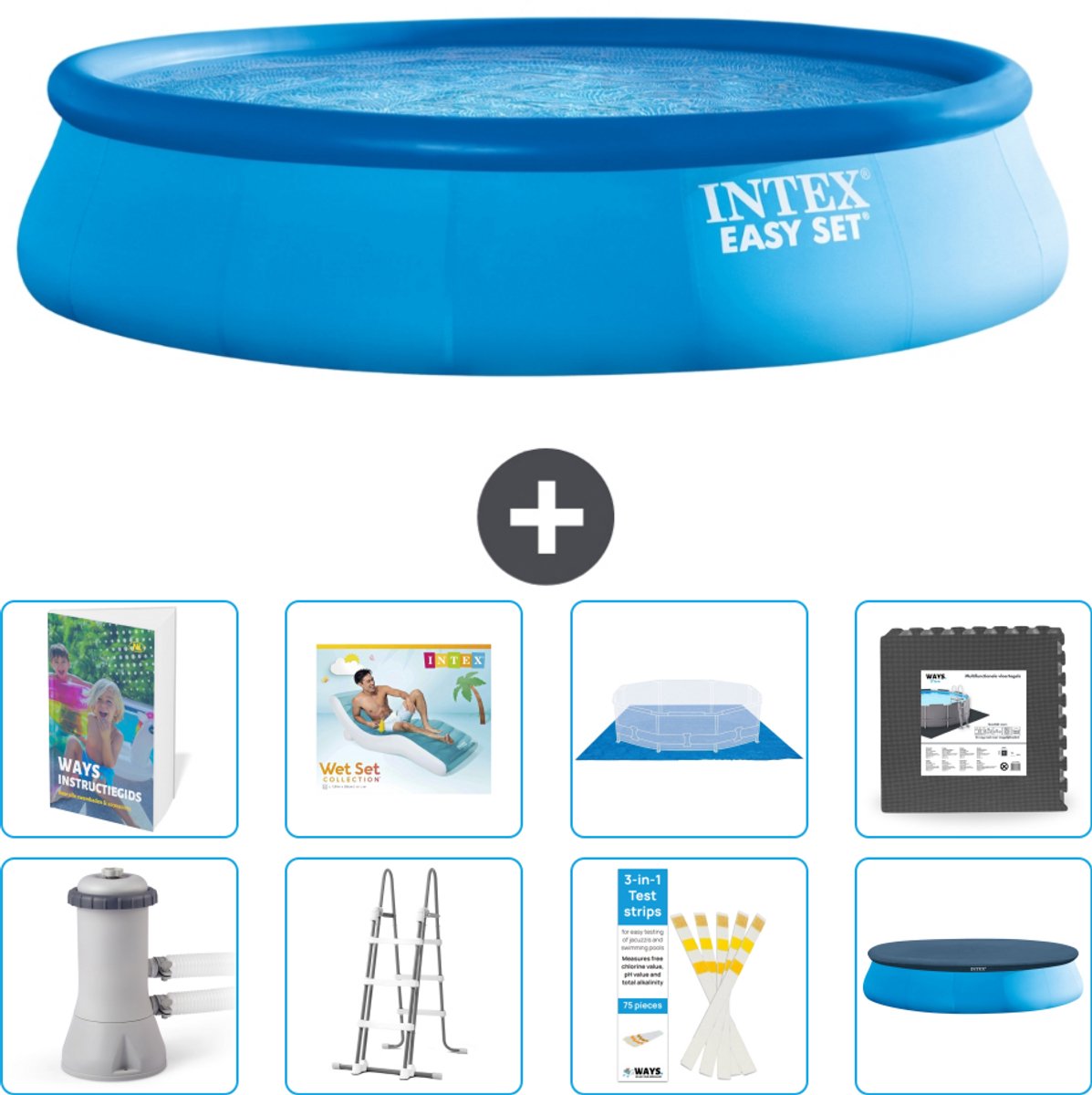 Intex Rond Opblaasbaar Easy Set Zwembad - 457 x 107 cm - Blauw - Inclusief Pomp - Ladder - Grondzeil - Afdekzeil - Loungebed - Vloertegels - 9-delig