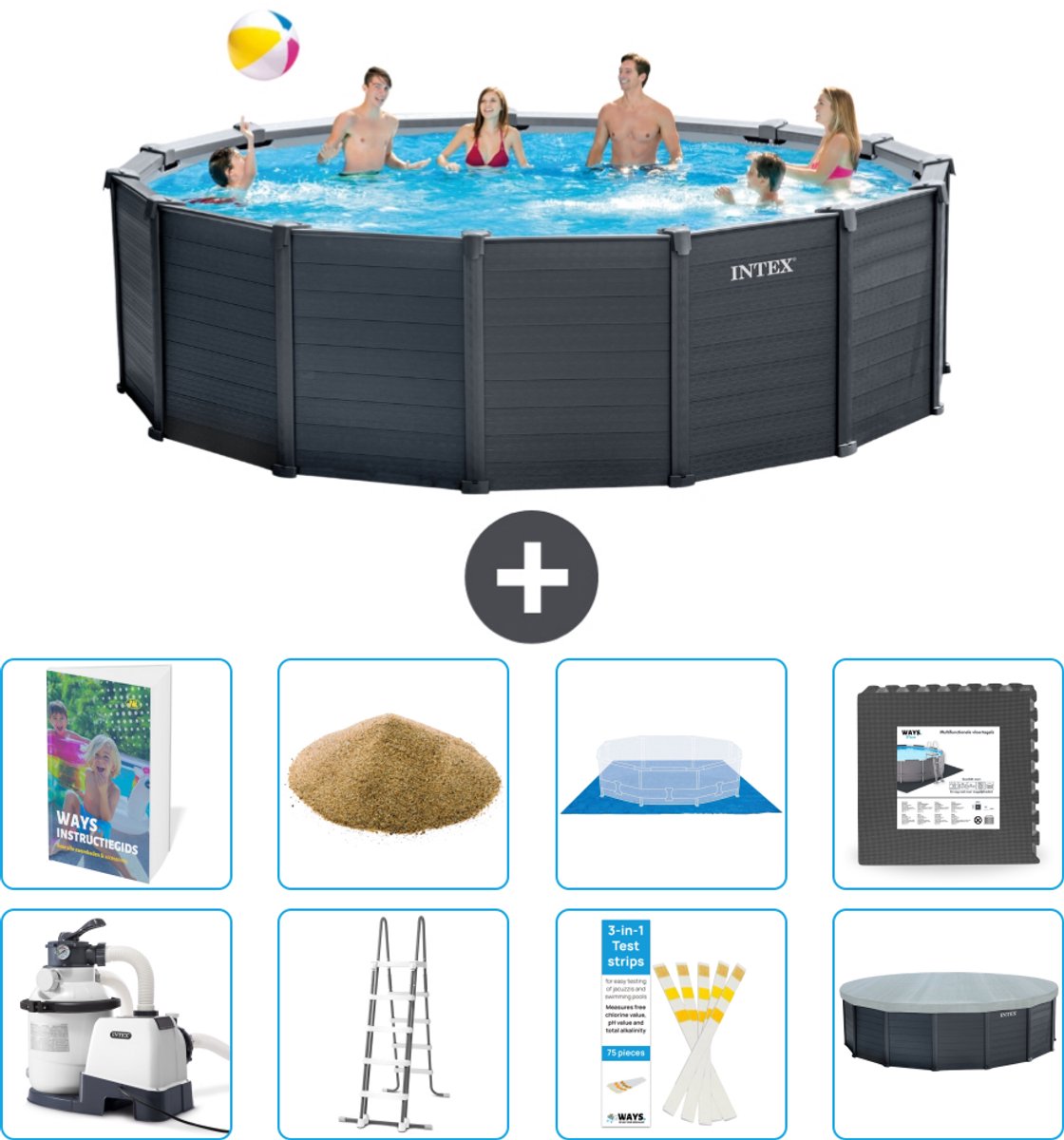 Intex Rond Graphite Gray Panel Zwembad - 478 x 124 cm - Inclusief Pomp - Ladder - Grondzeil - Afdekzeil - Filterzand - Vloertegels - 9-delig