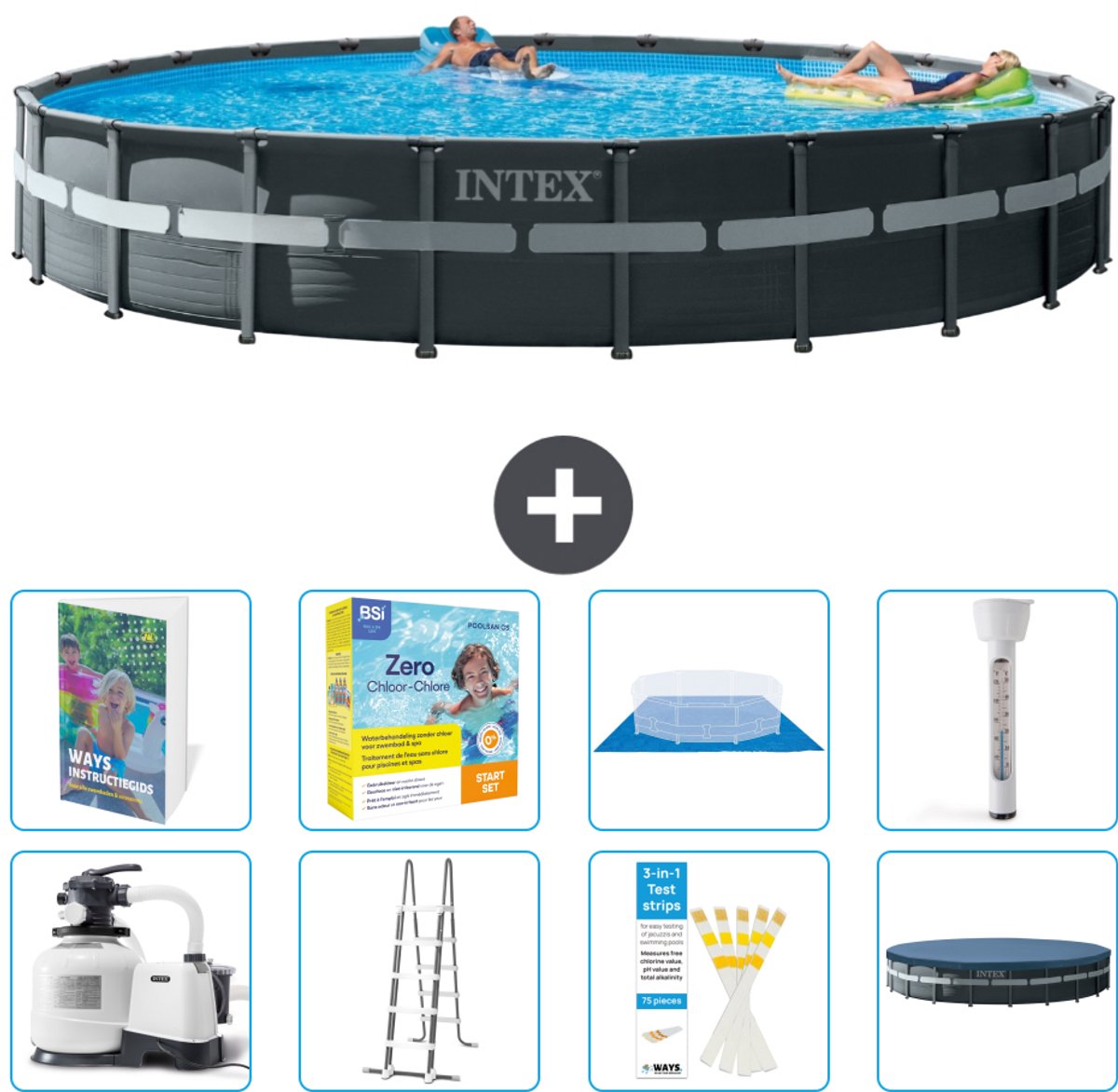 Intex Rond Ultra XTR Frame Zwembad - 732 x 132 cm - Inclusief Pomp - Ladder - Grondzeil - Afdekzeil - Onderhoudspakket - Thermometer - 9-delig